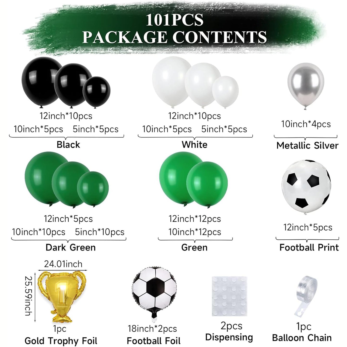 Soccer Balloon Arch Kit Boys, Green Balloon Arch Kit With Football Trophy Balloons Dark Green Black White Latex Balloons Metalli