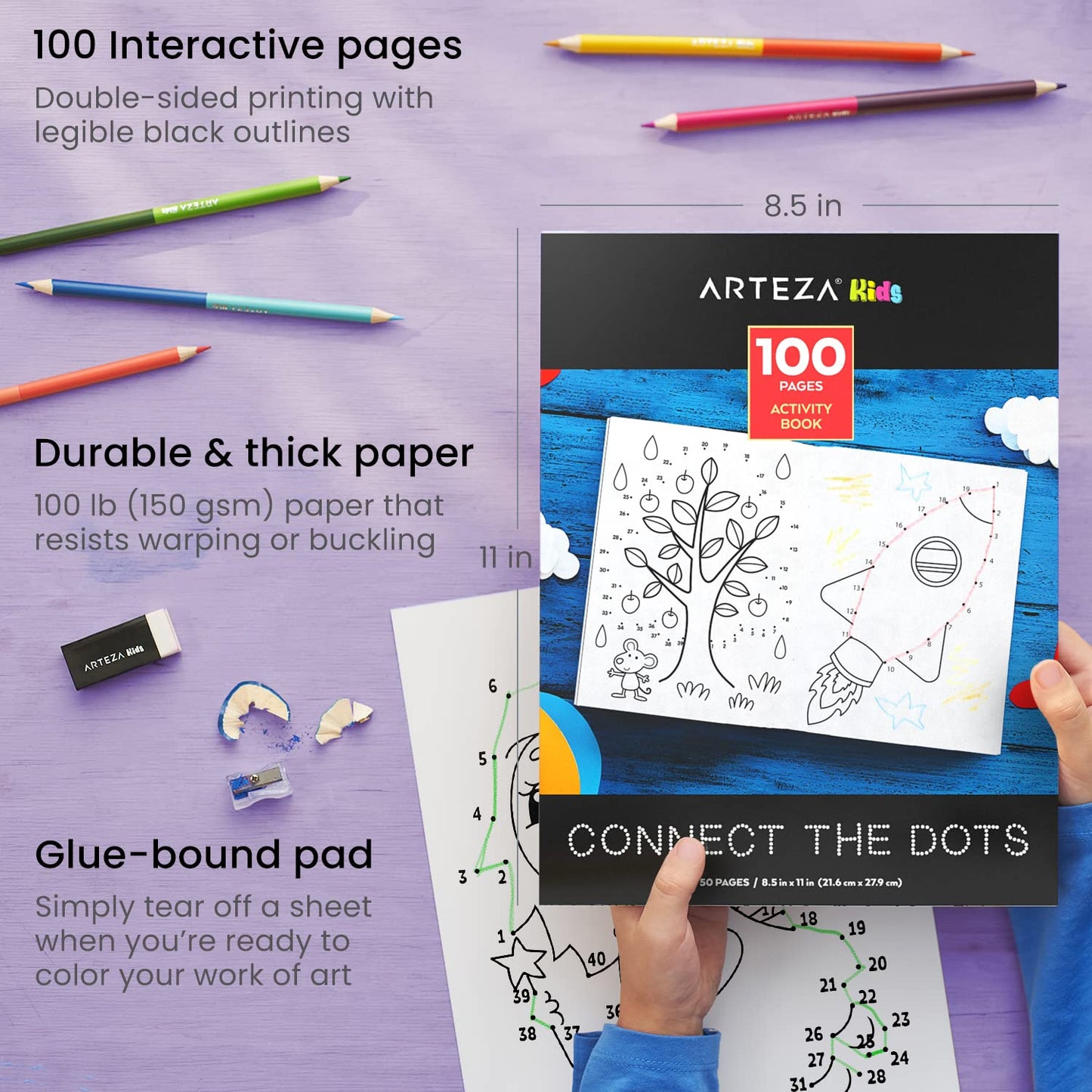 Arteza Kids Activity Book, Dot to Dot Coloring Book, 8.5 x 11 Inches, Back to School Supplies for Ages 6 and Up, 50 Sheets, 12 D