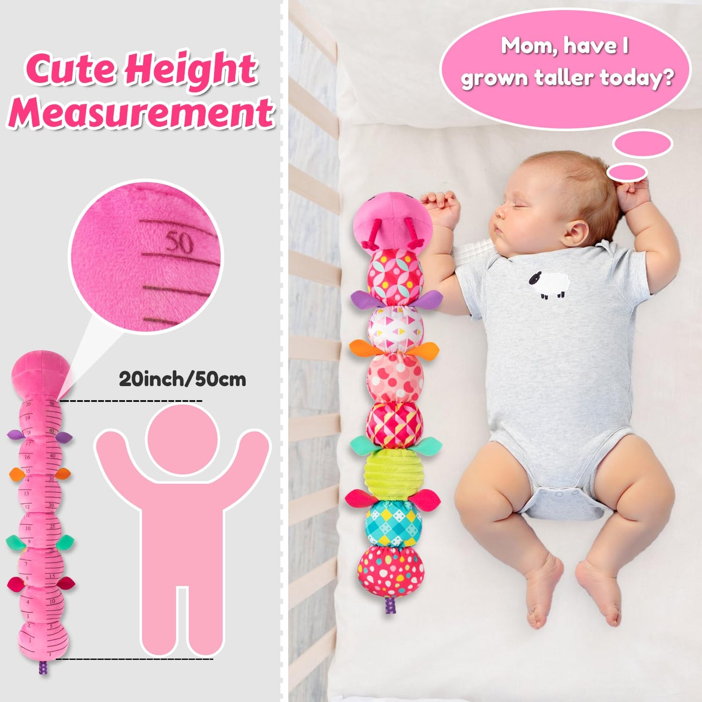 Baby Toys Musical Caterpillar  Infant Stuffed Animal for 0-6 6-12 Months with Crinkle and Rattles  Tummy Time Sensory Toys Newborn Boys Girls Gifts 0 3 6 9 12 Months - Pink