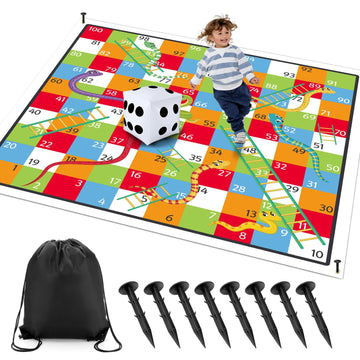 Realspring 9.8 Ft Giant Snakes And Ladders Game Playing Mat With 6 Nails 14 Inch Inflatable Dice And Storage Bag Floor Snake And