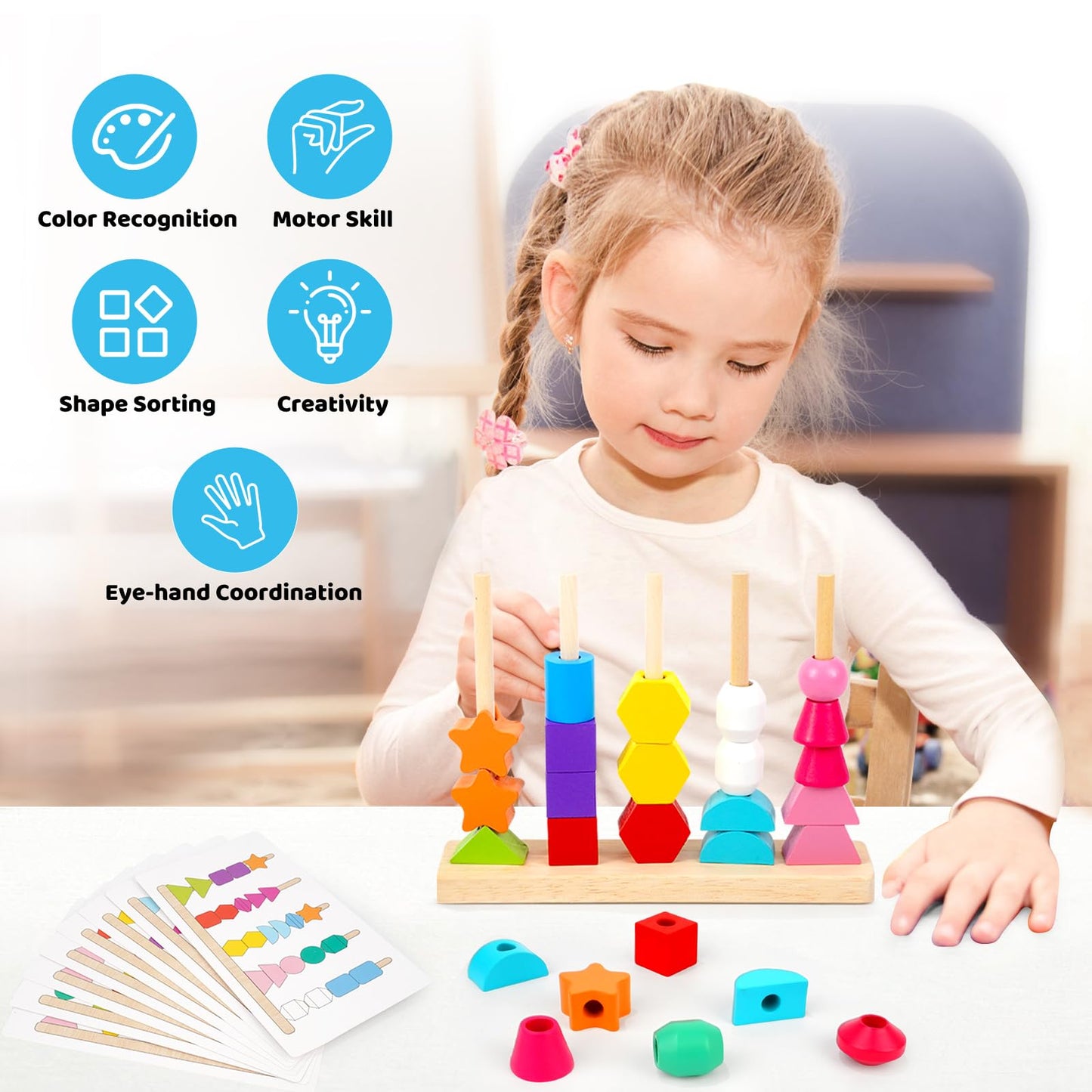 Montessori Toys For 2 3 4 Year Old Kid Boy Girl Toddler, Montessori Wooden Beads Sequencing Toy Set, Lacing Beads & Stacking Blo