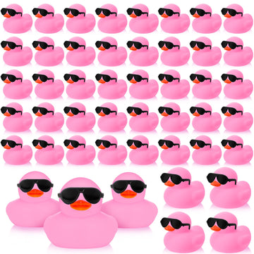 Sosation 48 Pack Mini Rubber Ducks With Sunglasses Sets Squeaky Bath Toys Float Bathtub Duckies For Little One Birthday Party Favors Class Carnival Prizes Car Decor(Pink)