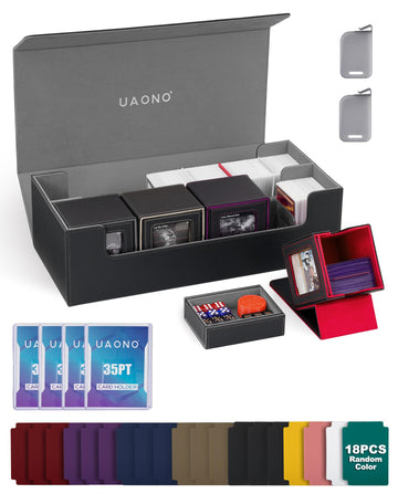 UAONO Card Storage Box for Trading Cards  5 in 1 Card Deck Case with 4 Pcs Small Commander Deck Box  Large Card Box for MTG/TCG/PTCG Magic Sports Cards Game Playmat (Black  Gray)