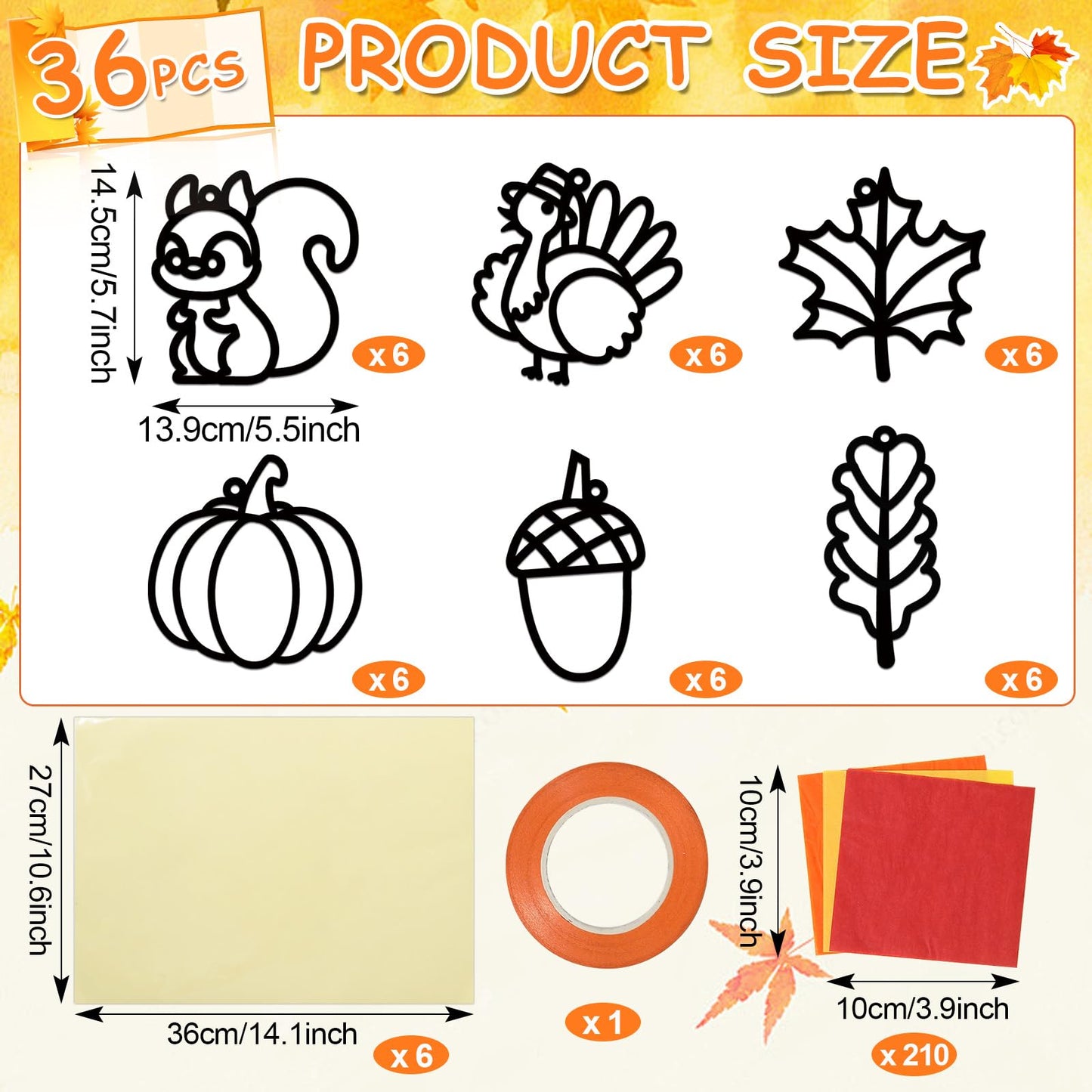 Qyeahkj 36 Set Fall Suncatchers Crafts for Kids DIY Autumn Leaf Pumpkin Acorn Squirrel Window Tissue Paper Craft Kit Hanging Dec
