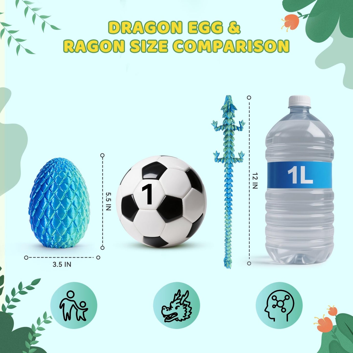 Mydethun 3D Printed Dragon 3D Printed Toy Egg with Dragon Inside  Fidget Toys for mature-themeds  Articulated Surprise Toys for Kids  Office Desk Decor  Fidgets for Kids (Azuron Sky Blue)  12