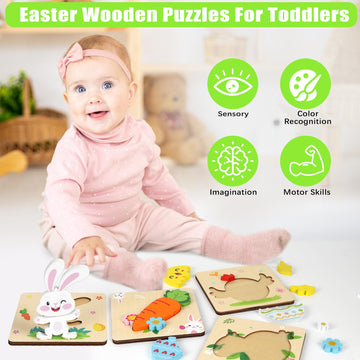 4 Pack Easter Exchange Gifts For Kids Wooden Puzzles For Toddler Boys Girls Easter Basket Stuffers Party Favors