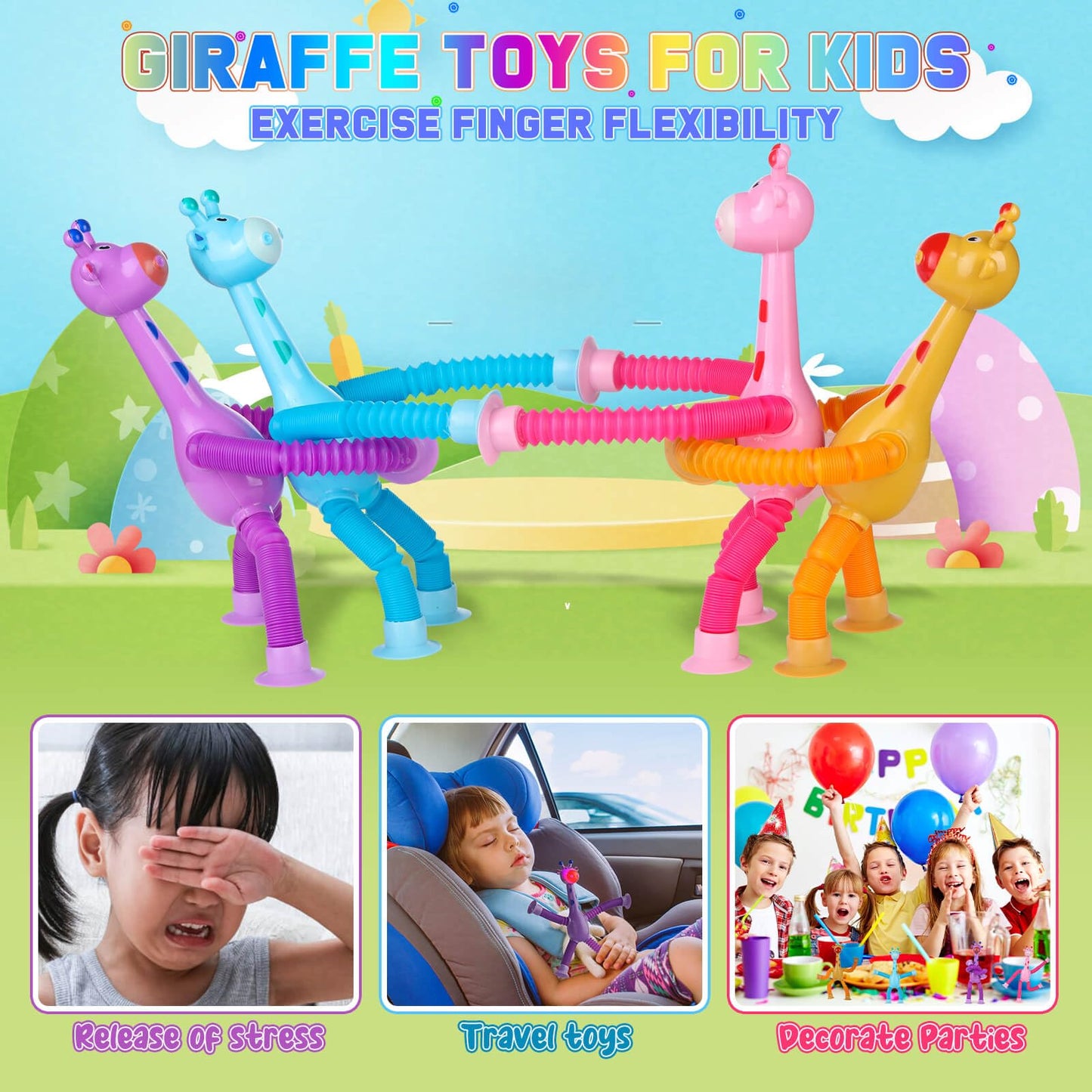 4 Pack Led Telescopic Suction Cup Giraffe Toys,Pop Tubes, Shape Changing Telescopic Tube Fidget Toys, Toddler Sensory Toys, Fidget Tubes Sensory Toys For Girls Boys (Giraffe)