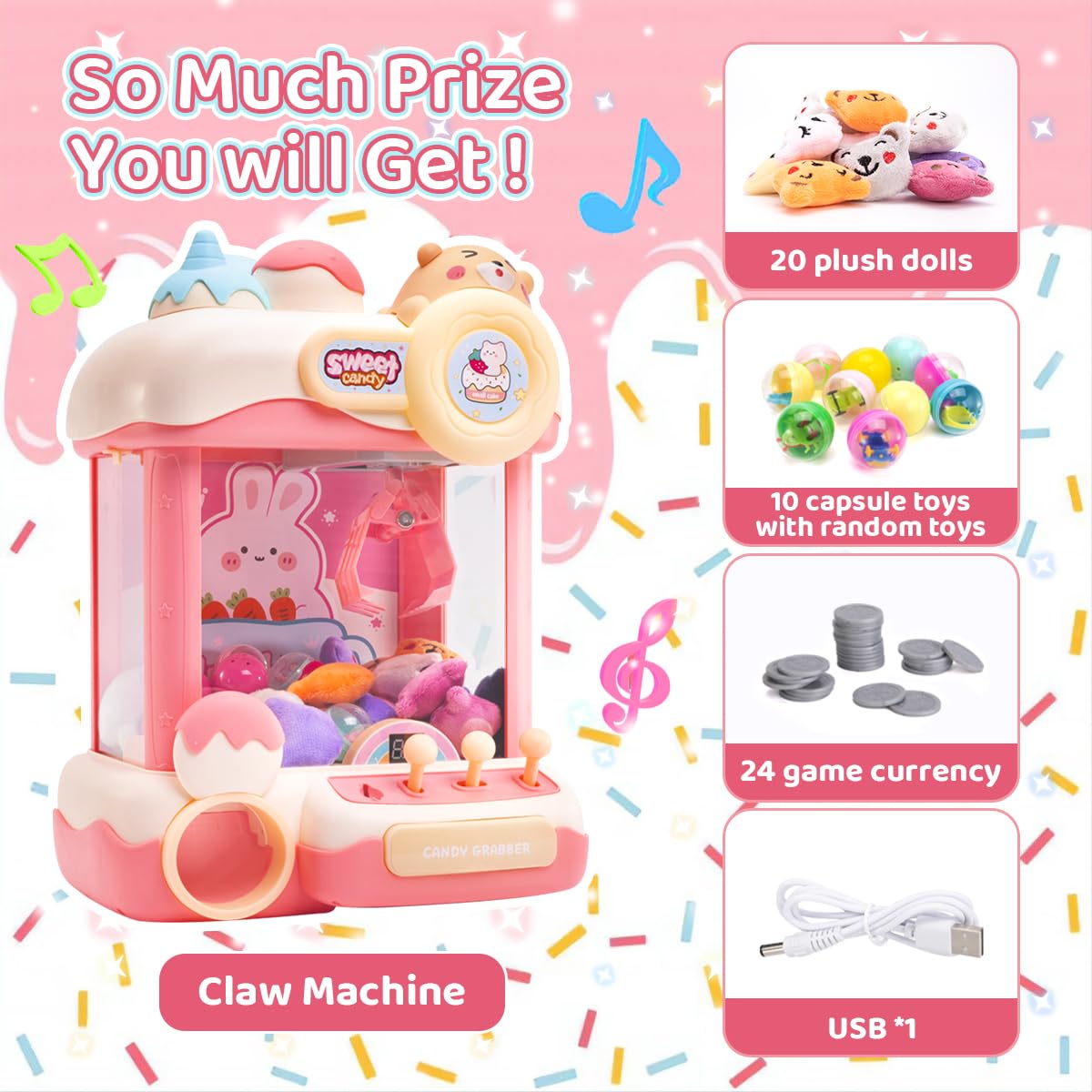 Meland Mini Claw Machine for Kids - Vending Machine Toys with Sound, Girls Toys Birthday Gift for Girls Age 3+