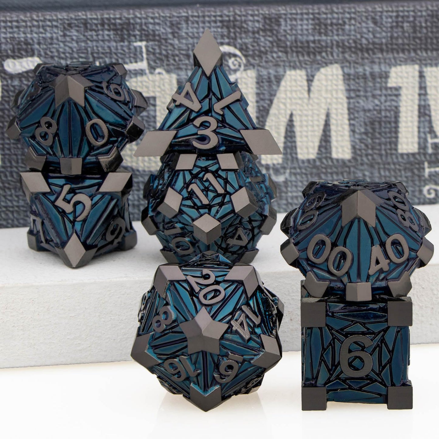 ORIFANTOU 7PCS Metal DND Dice Set Black Blue D&D Dice with Box, Debris RPG D and D Dice Dungeons and Dragons Role Playing Game P