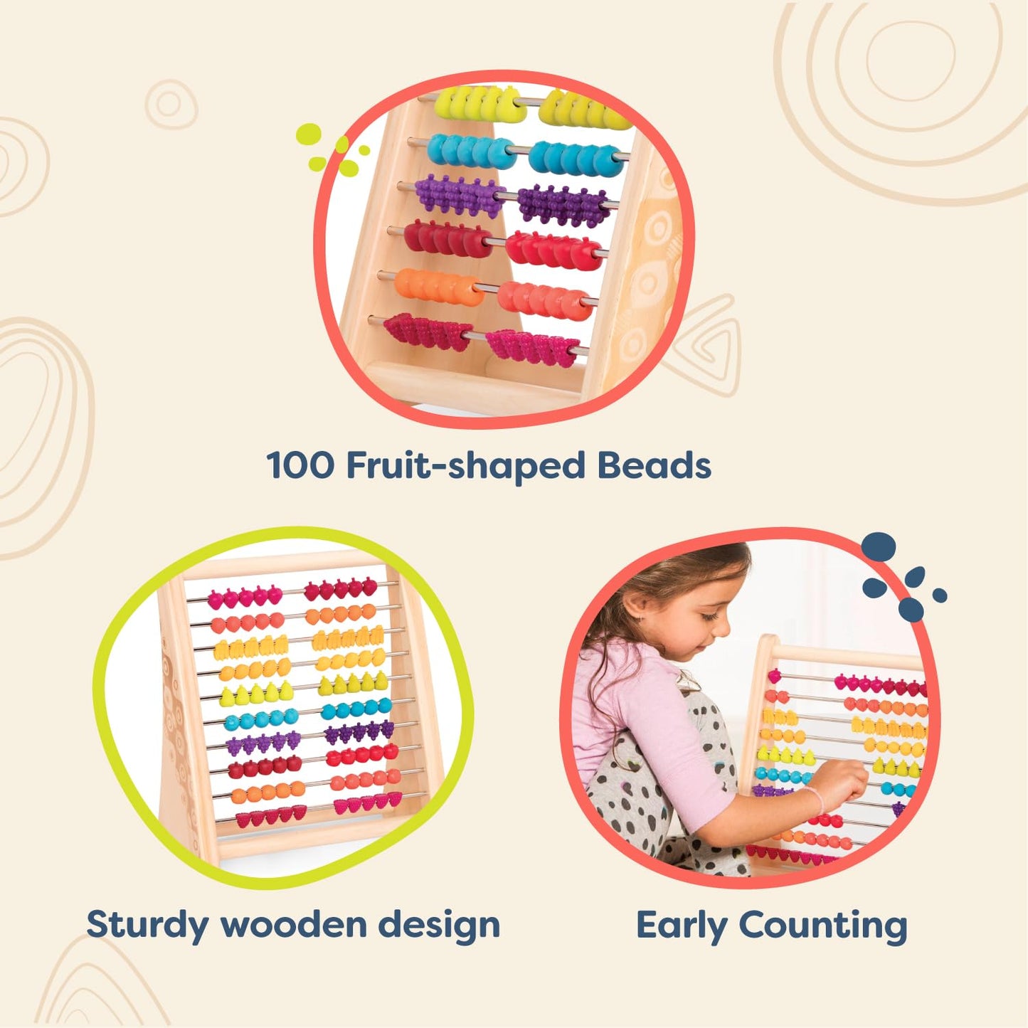 B. Toys Fruity! Wooden Abacus For Kids Classic Math Learning Toy With 100 Beads Educational For Addition, Subtraction Numbers & Counting 18+ Months
