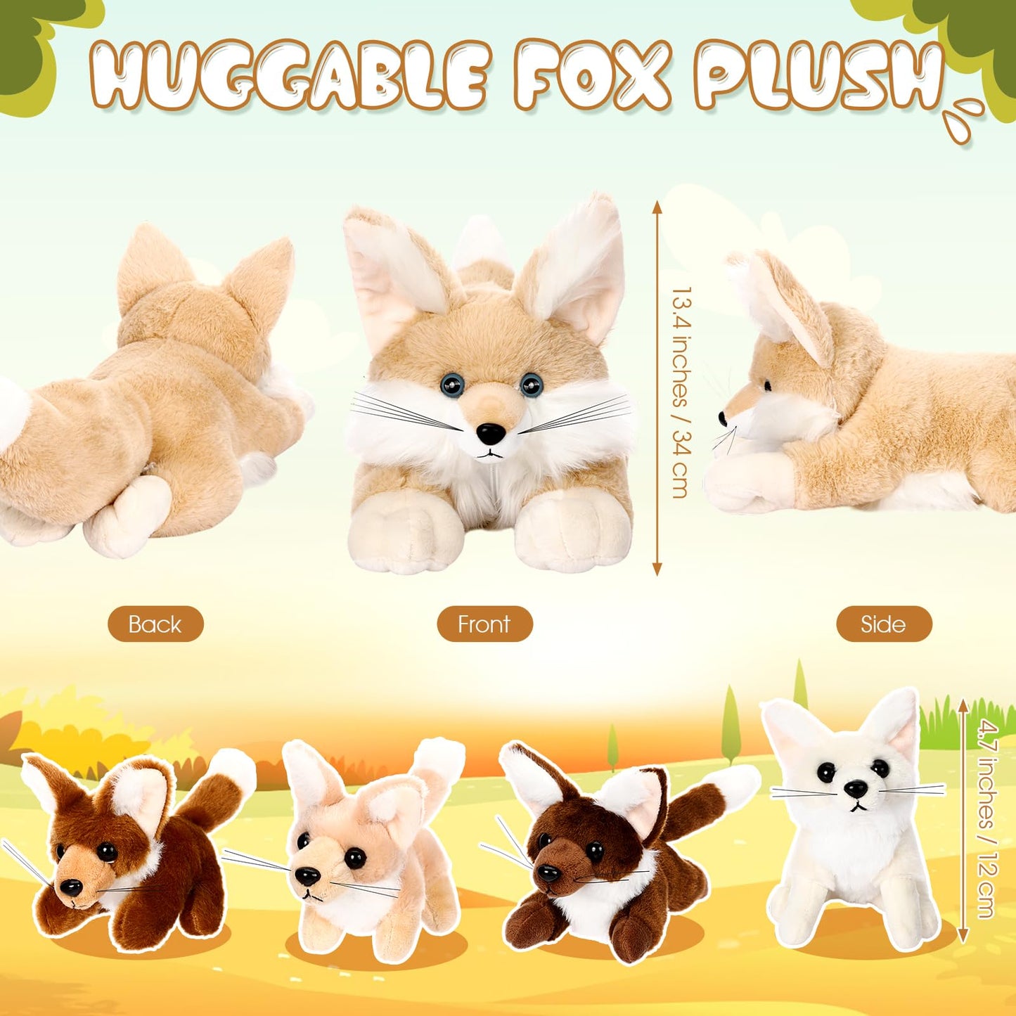HyDren 5 Pcs Woodland Animals Plush Toy Set - 13.4 Inch Beige Fennec Fox with 4 Cute Baby Foxes - Soft PP Cotton, Perfect for Gifts