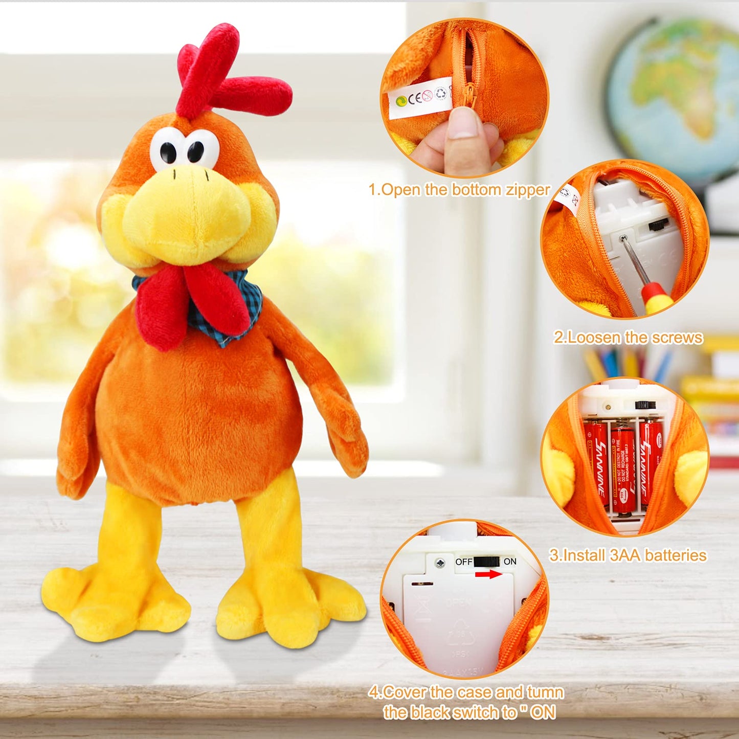 Sdenow Musical Squawking Chicken Stuffed Animal Walking Singing Waving Rooster Fun Electronic Interactive Animation Plush Toys G