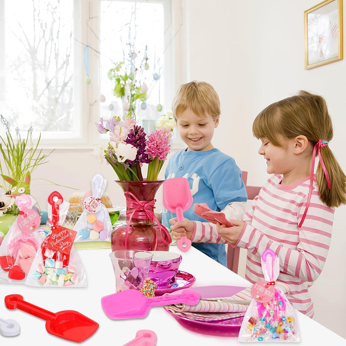 DTOFOOT 108 Pcs Valentines Day Plastic Shovels with I DIG You Cards Stickers Valentines Gift Candy Bags with Ribbon Valentines