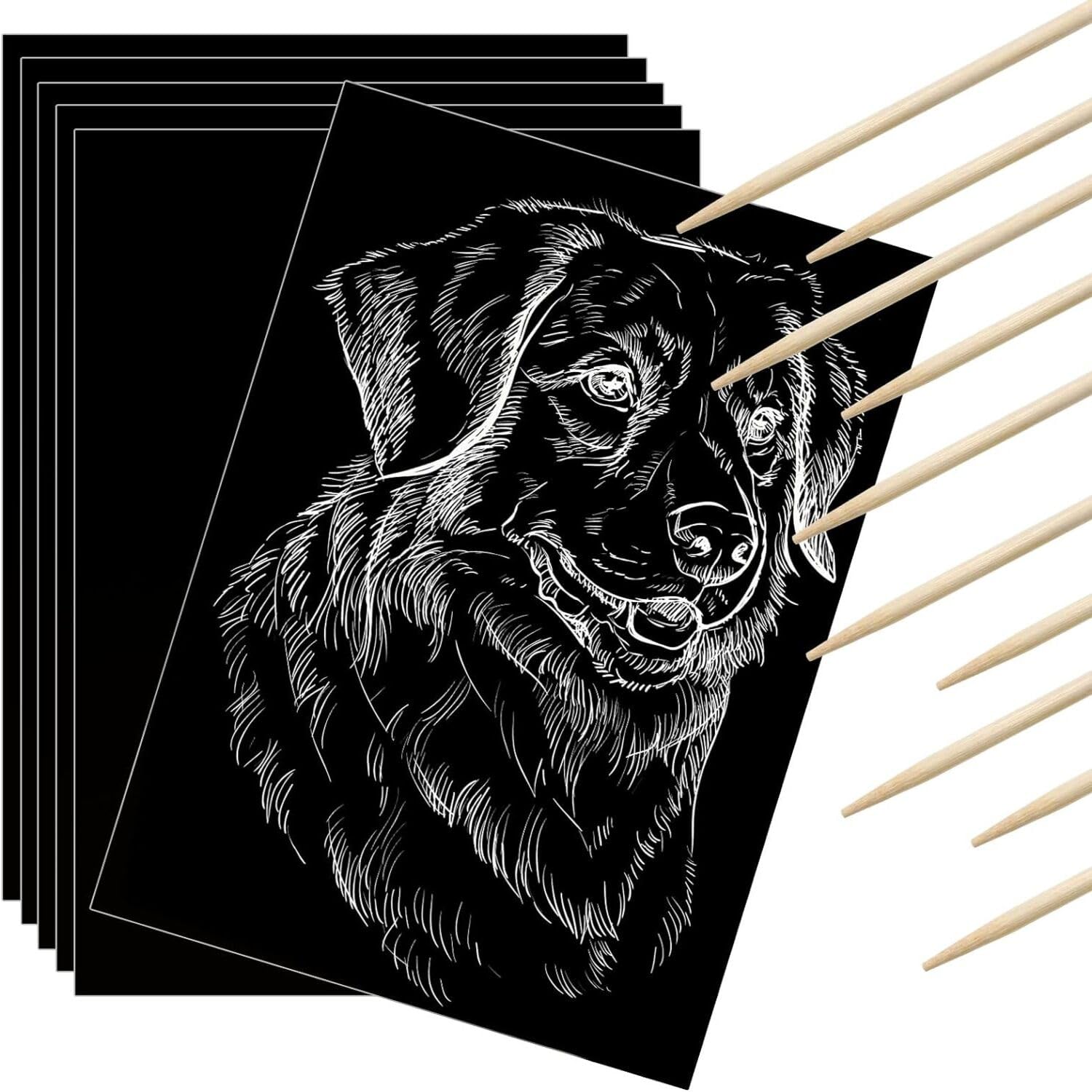 Gersoniel 100 Pieces Scratch Paper Art Set Craft Kits Black Coated Scratchboard Black Scratch Off Paper with Wooden Stylus for V
