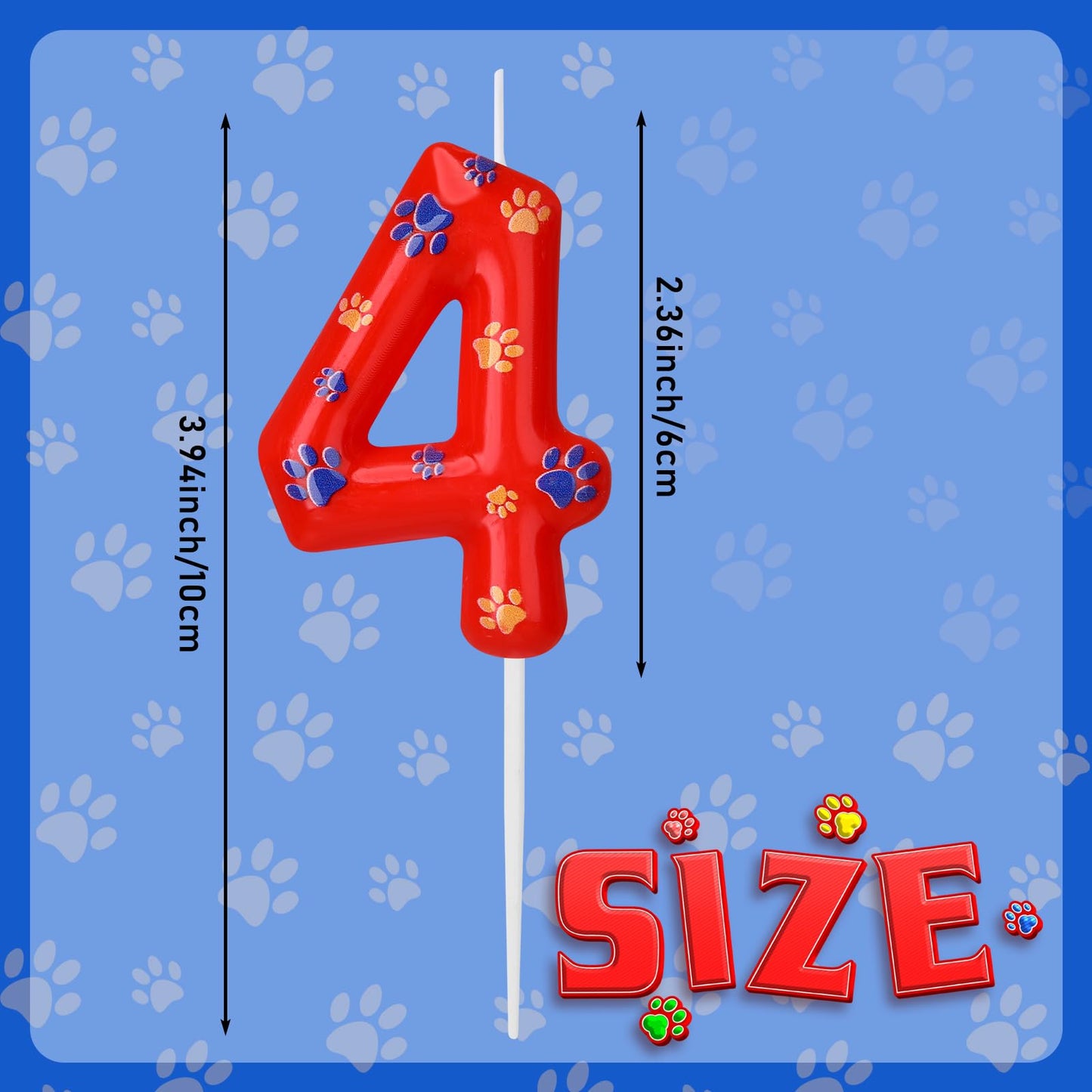 Conelist Dog Paw Birthday Candles - 4" Blue Yellow Red Paraffin Wax Cake Toppers for 4 Year Old Paw Party Decoration