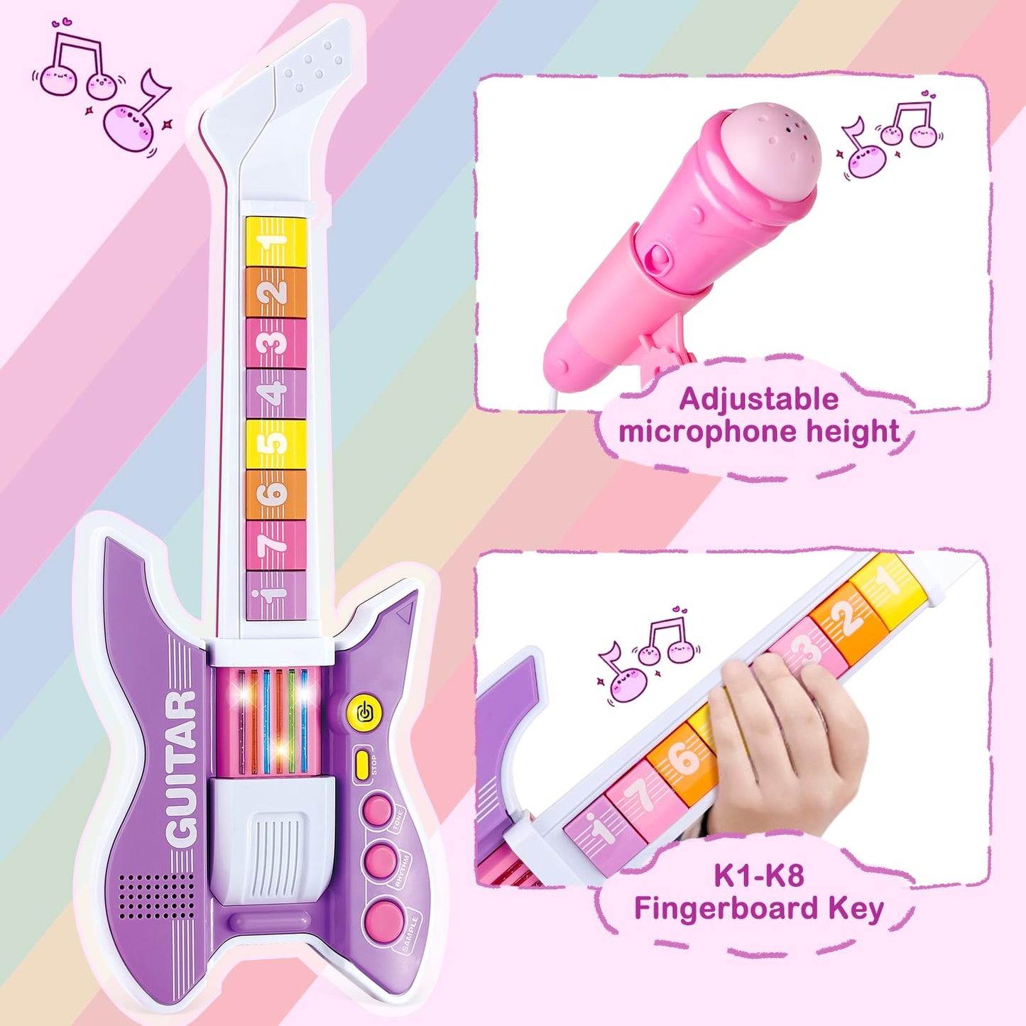 Deao Kids Guitar And Microphone Set With Stand Adjustable Height Music Light Karaoke Music Toys Christmas Birthday Gift For Kids Boys Girls (Purple)