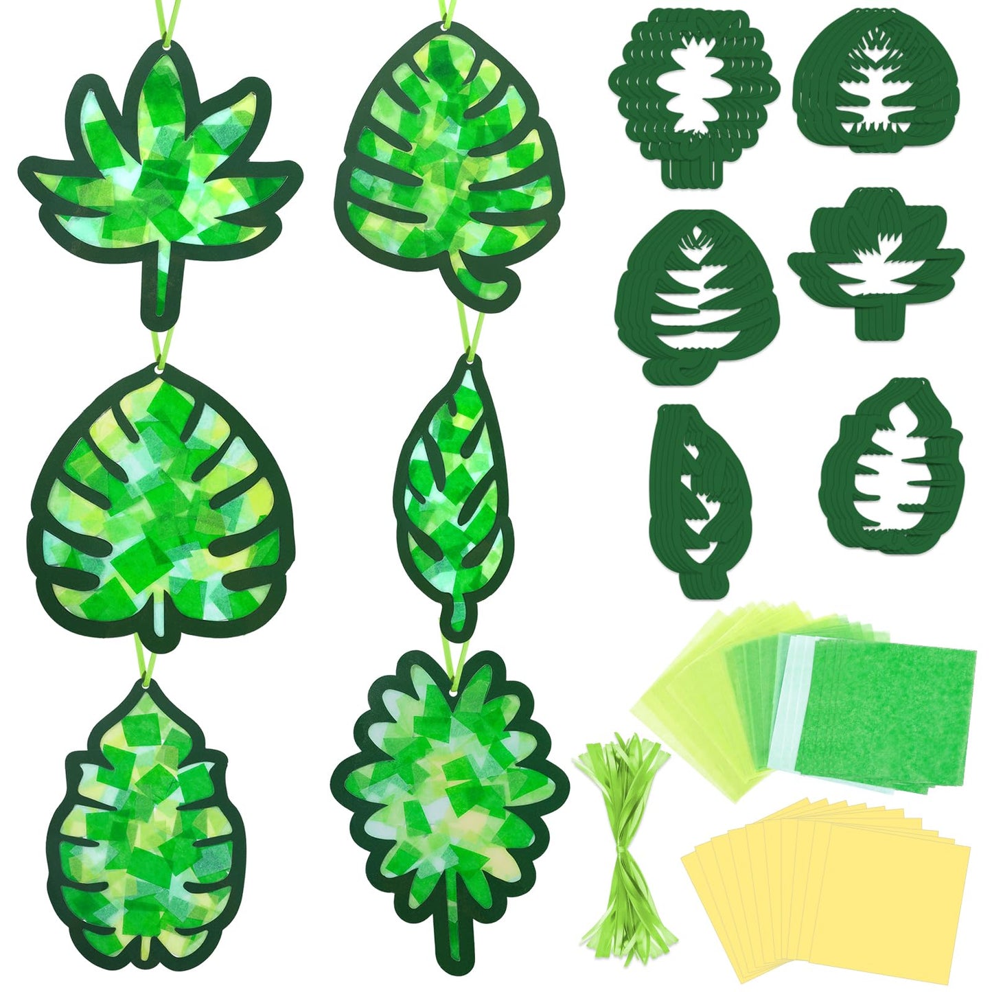 Qyeahkj 36 Set Summer Suncatchers Crafts for Kids DIY Hawaiian Palm Leaves Window Tissue Paper Crafts Kit Green Leaf Hanging Dec