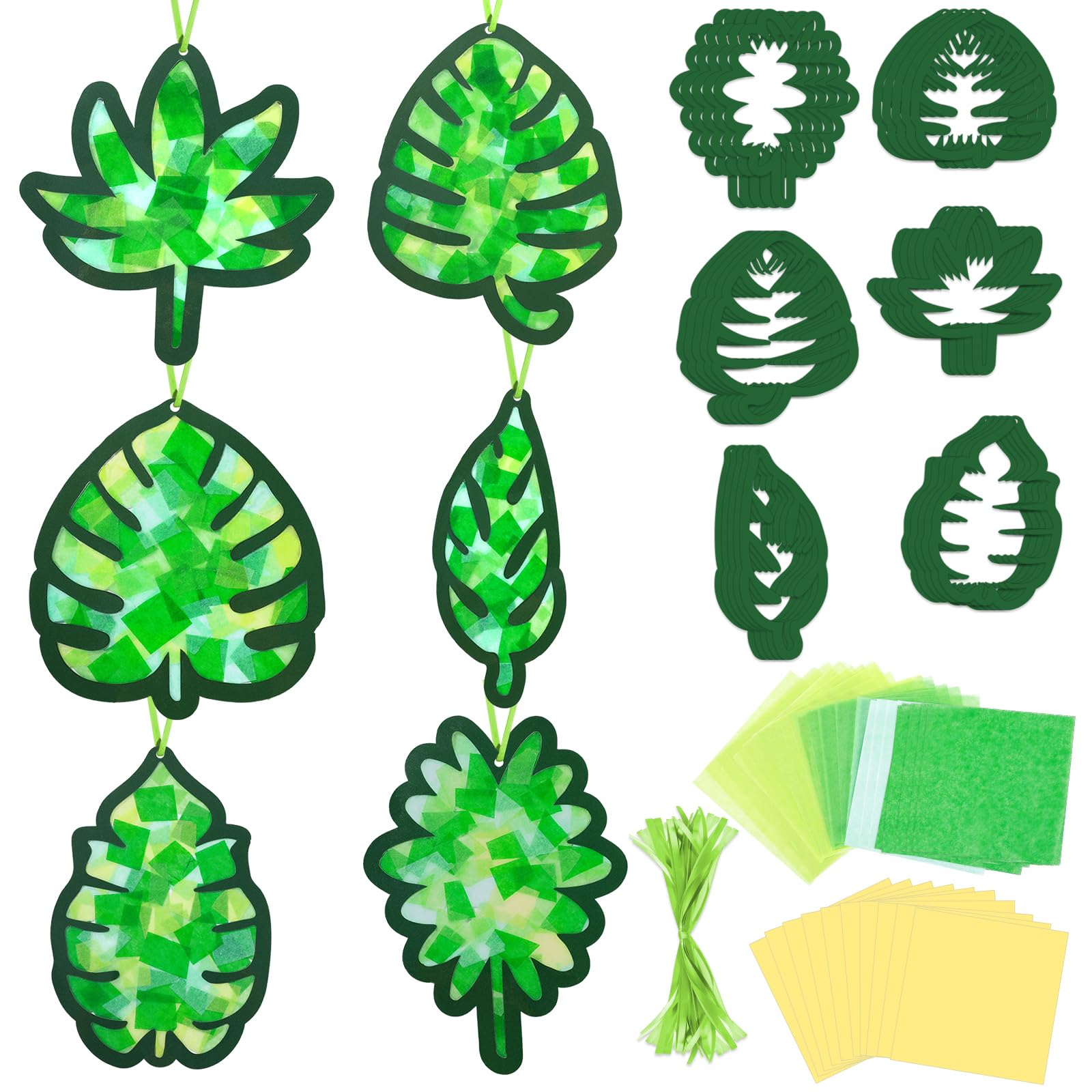 Qyeahkj 36 Set Summer Suncatchers Crafts for Kids DIY Hawaiian Palm Leaves Window Tissue Paper Crafts Kit Green Leaf Hanging Dec