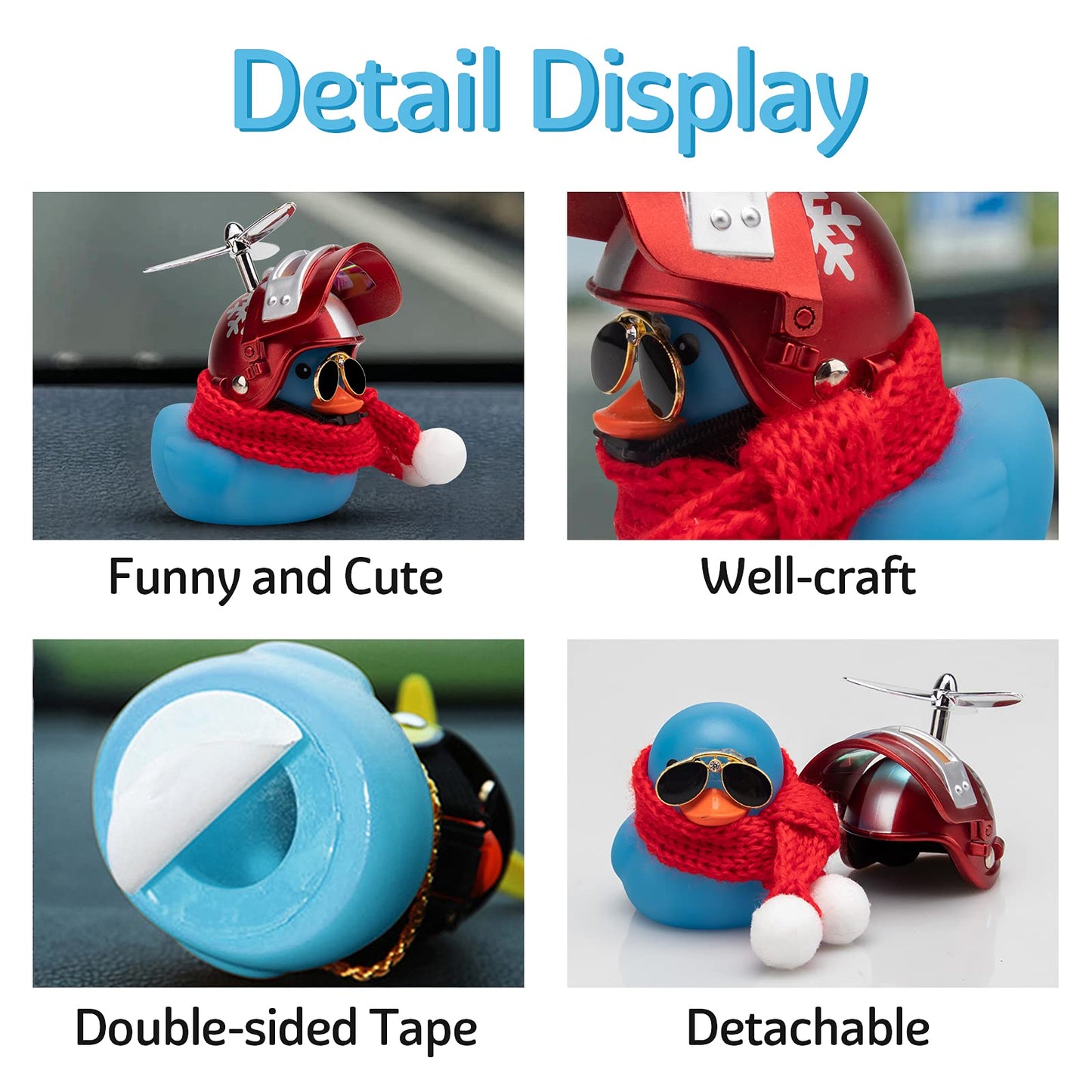 Wonuu Rubber Duck Toy Car Decoration Ornaments Dashboard Decorations Cool Glasses Duck with Propeller Helmet (Blue-Snowflake)