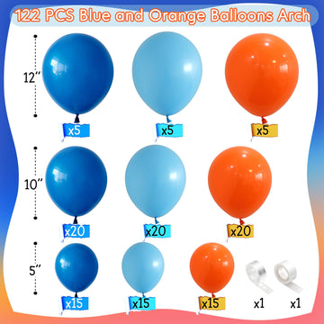 Blue And Orange Balloons Garland Arch Kit, 122 Pc Dark Blue And Orange Balloons, Royal Blue Baby Blue Orange Party Balloons For