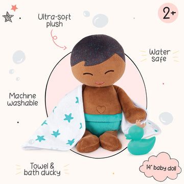 Lullababy - 14-Inch Washable Bath Baby Doll Boy - Soft Plush Body For Real Water Play - Blond Hair & Tub Accessories - Toddler B