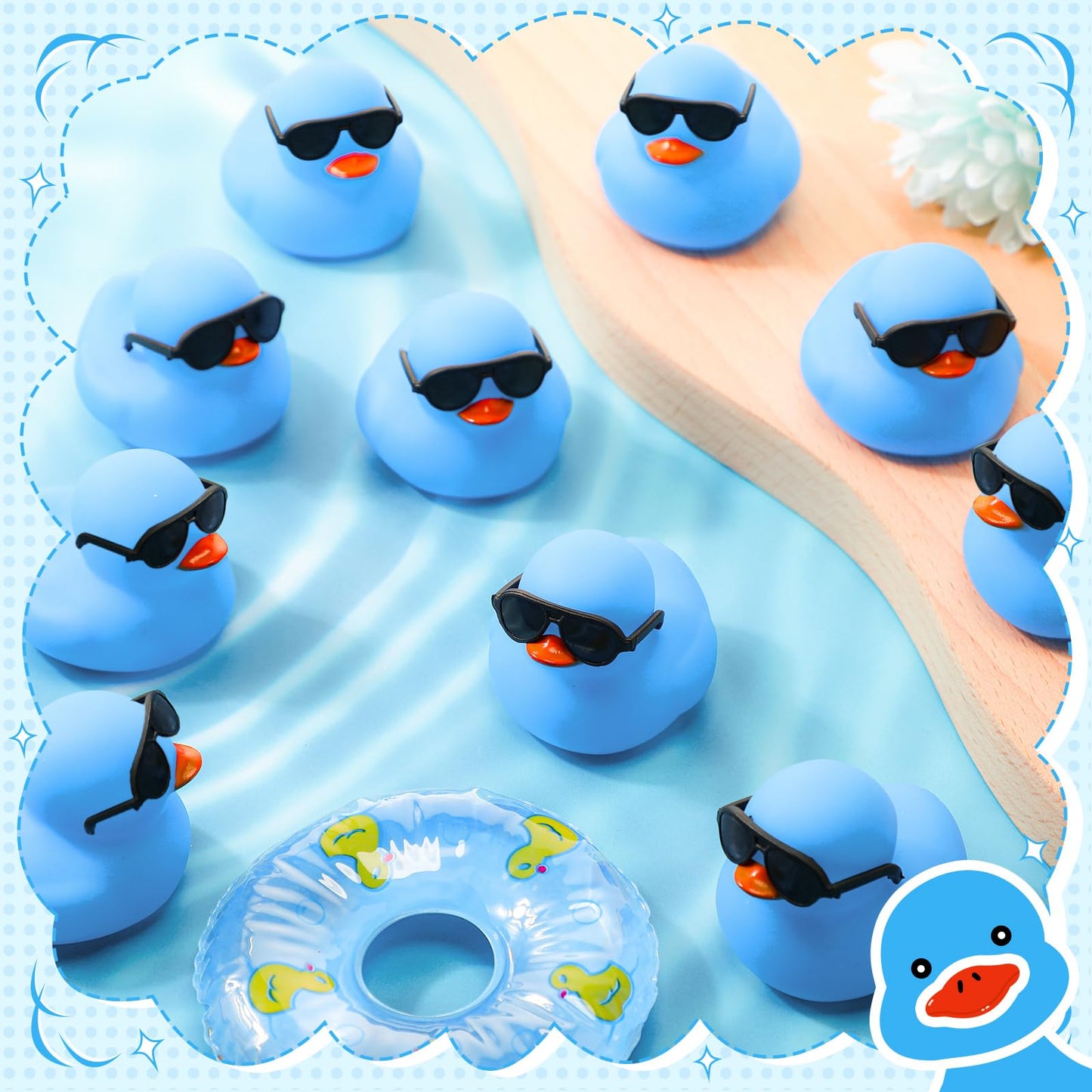 Sosation 36 Packs Mini Rubber Ducks With Sunglasses Sets 2.2 Inch Bath Squeaky Rubber Duckies Cute Float Bathtub Toys For Little One Birthday Party Favors Class Prizes Car Decor(Blue)