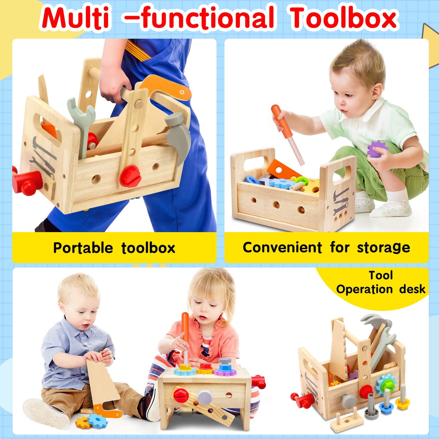 Mgtfbg Kids Tool Set - 29 PCS Wooden Toddler Tool with Box, Montessori STEM Educational Pretend Play Construction Toy for 2 3 4