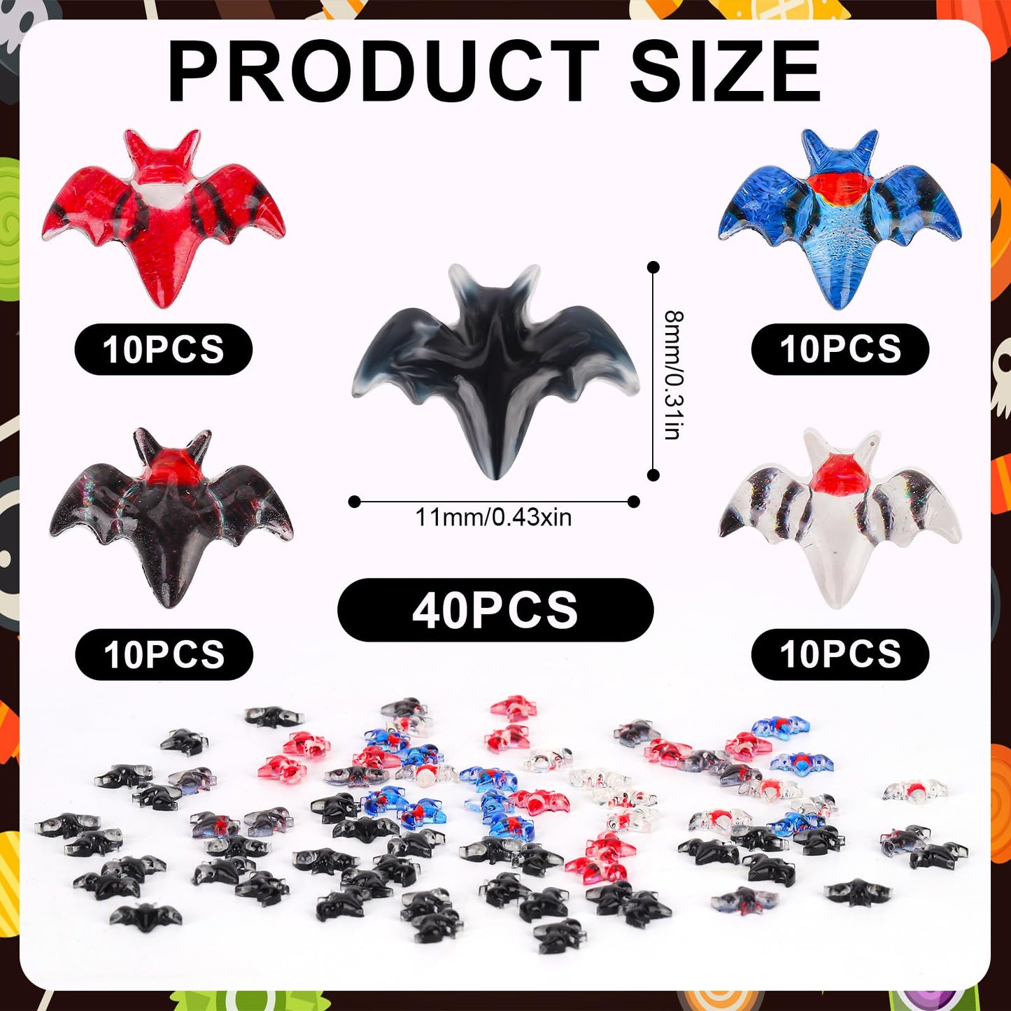 80pcs Halloween Mini Bats  Smooth Washable Resin Halloween Dollhouse Miniatures Dollhouse Miniature Tiny Bats Spooky Themed Cartoon Flat Back Bats for Crafts Scrapbooking (Black  Colorful)