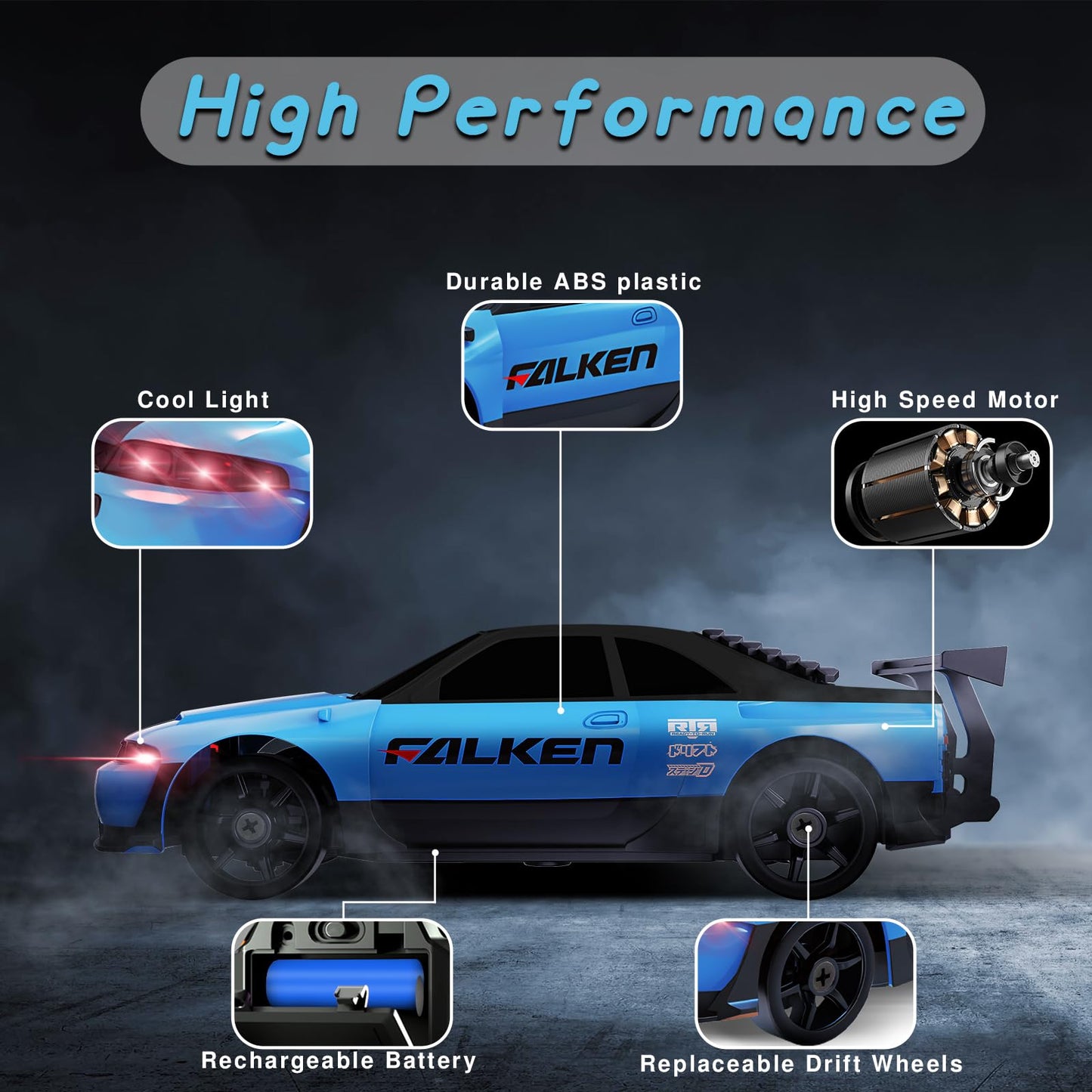 Yuan Plan 1/24 4Wd High Speed Rc Car With Led Light, Two Rechargeable Batteries And Drift Tires, Rc Car For Kids And Adults, Blu