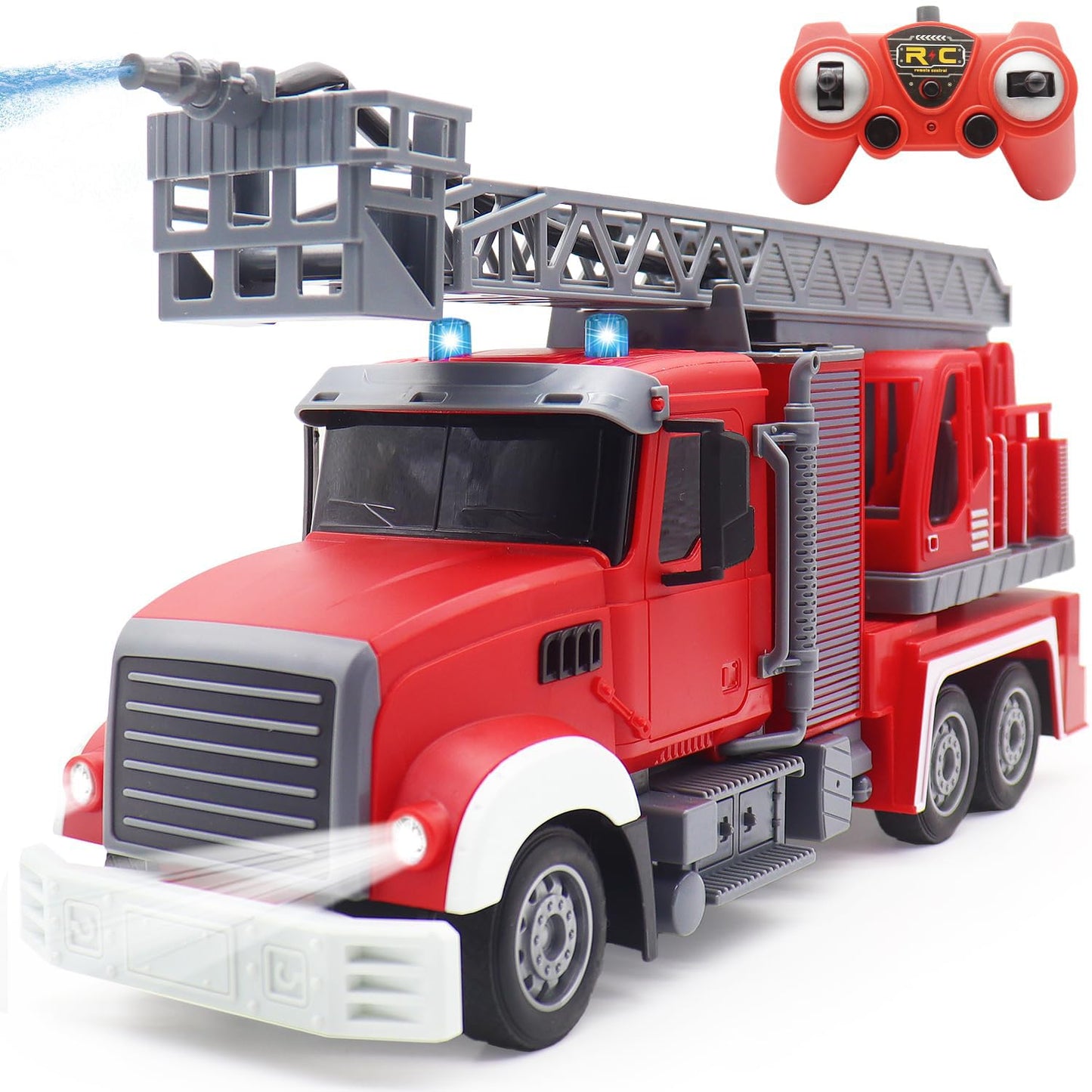 QuirkyGlee 9 CH Remote Control Fire Truck, Rc Fire Truck Toy, Fire Truck with Lights Working Water Pump and Rotating Rescue Ladd