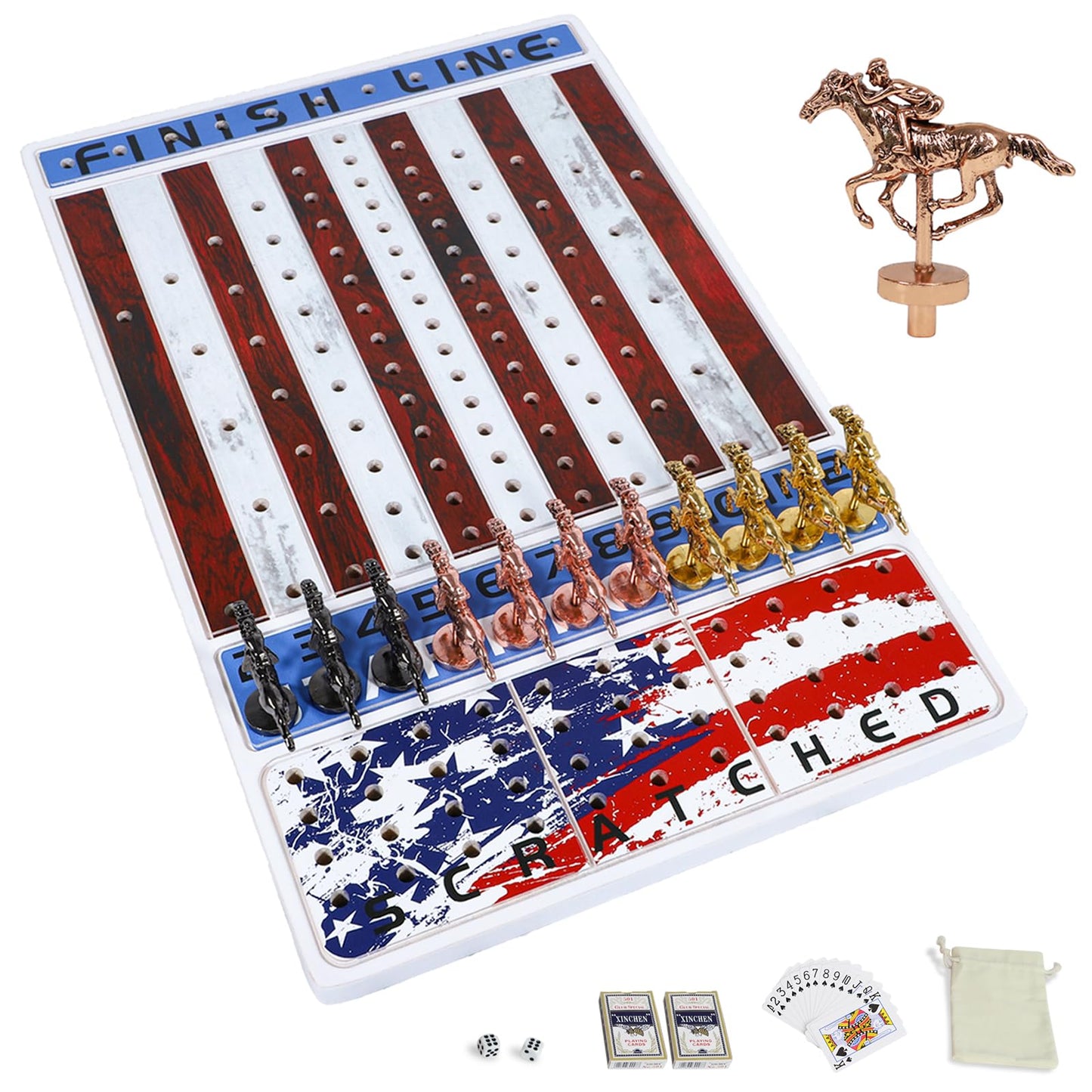 Grhonior Horse Racing Board Game With 11 Luxury Metal Horses Thickened Wood Game Board Including Dice And Cards Finish Line Star