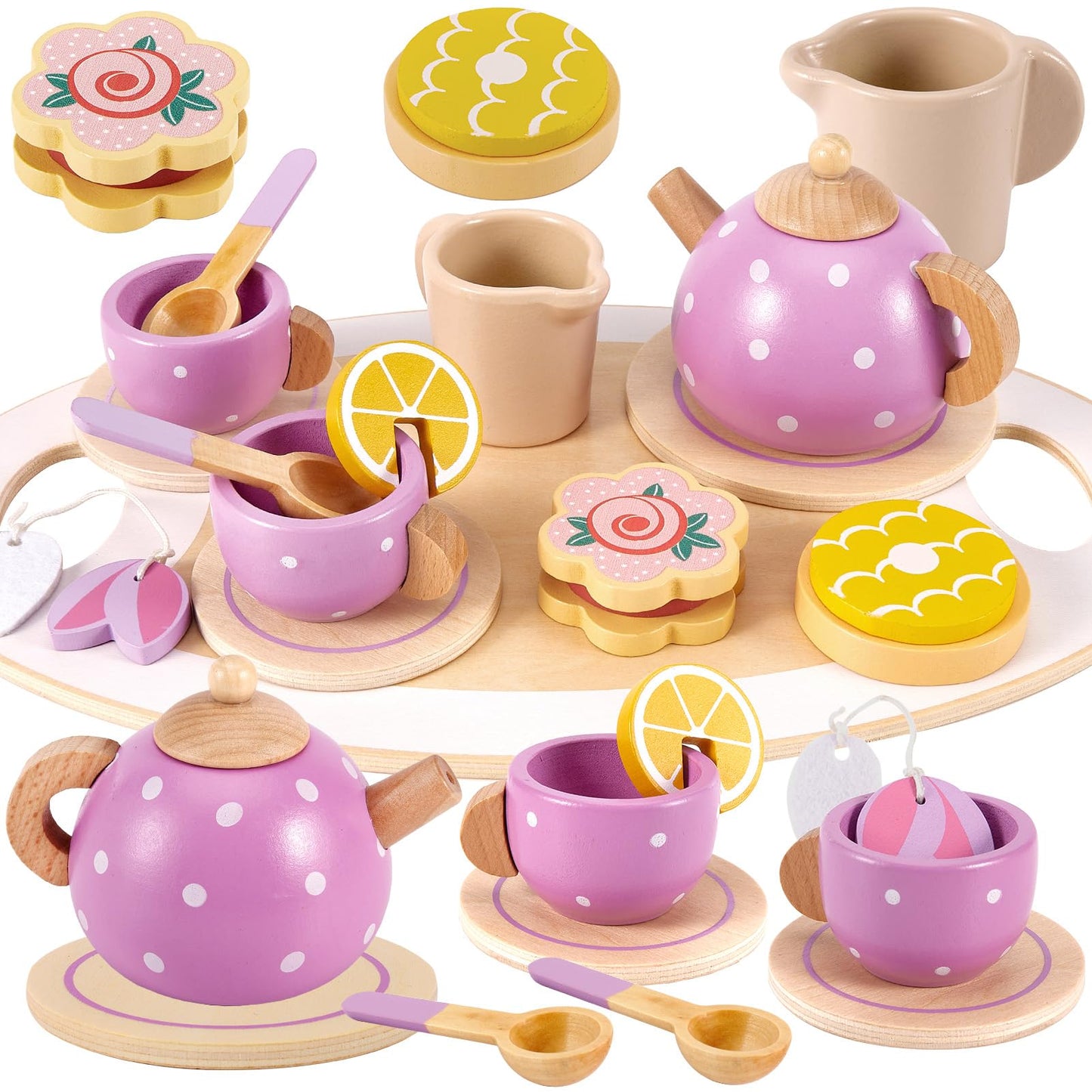 BUYGER Wooden Tea Party Set for Little Girls with Play Food Kitchen Accessories Toy Pretend Play Princess Tea Party Time for Gir