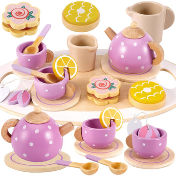 BUYGER Wooden Tea Party Set for Little Girls with Play Food Kitchen Accessories Toy Pretend Play Princess Tea Party Time for Gir