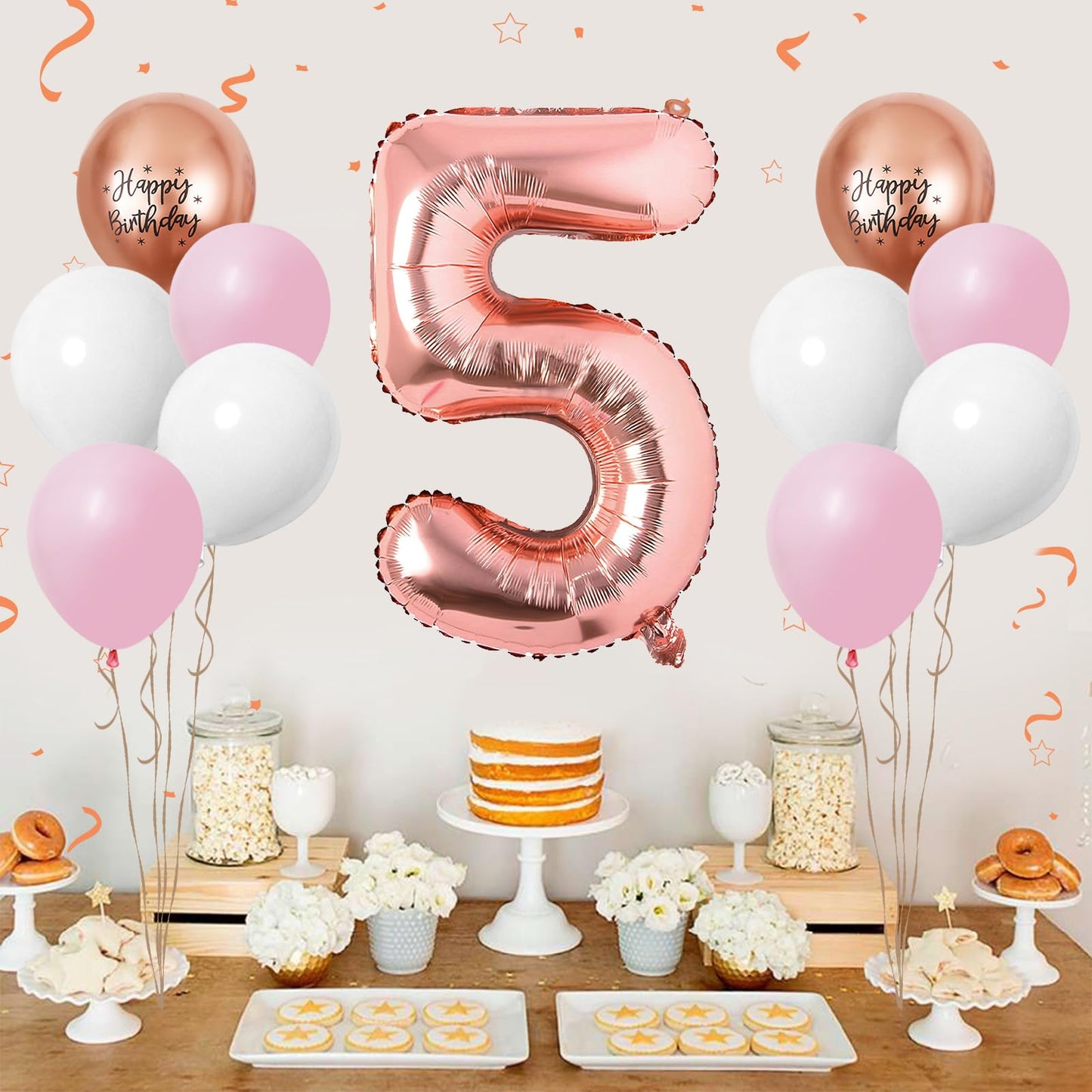 40 Inch Rose Gold Number 5 Balloon, 5Th Birthday Balloons, 11Pcs Rose Gold Birthday Print Balloons Matt White Pink Latex Balloon