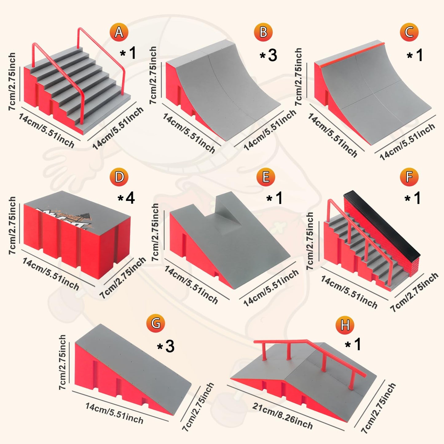 Cs Cosddi Finger Skateboard Park Kits,Skateboard Finger Toys With 8 Finger Skateboards & 14 Skatepark Deck Ramp,1 Finger Bike Fo