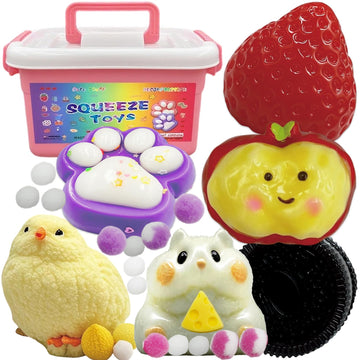 Taba Mega Squishy Toys 6-Piece Set - Giant Ultra-Soft Slow-Rise Kawaii Stress Relief for Kids & mature-themeds  Big Hamster  Huge Strawberry  Jumbo Cat Paw  Mega Chick  Cute Cat & Cookie with Storage Case