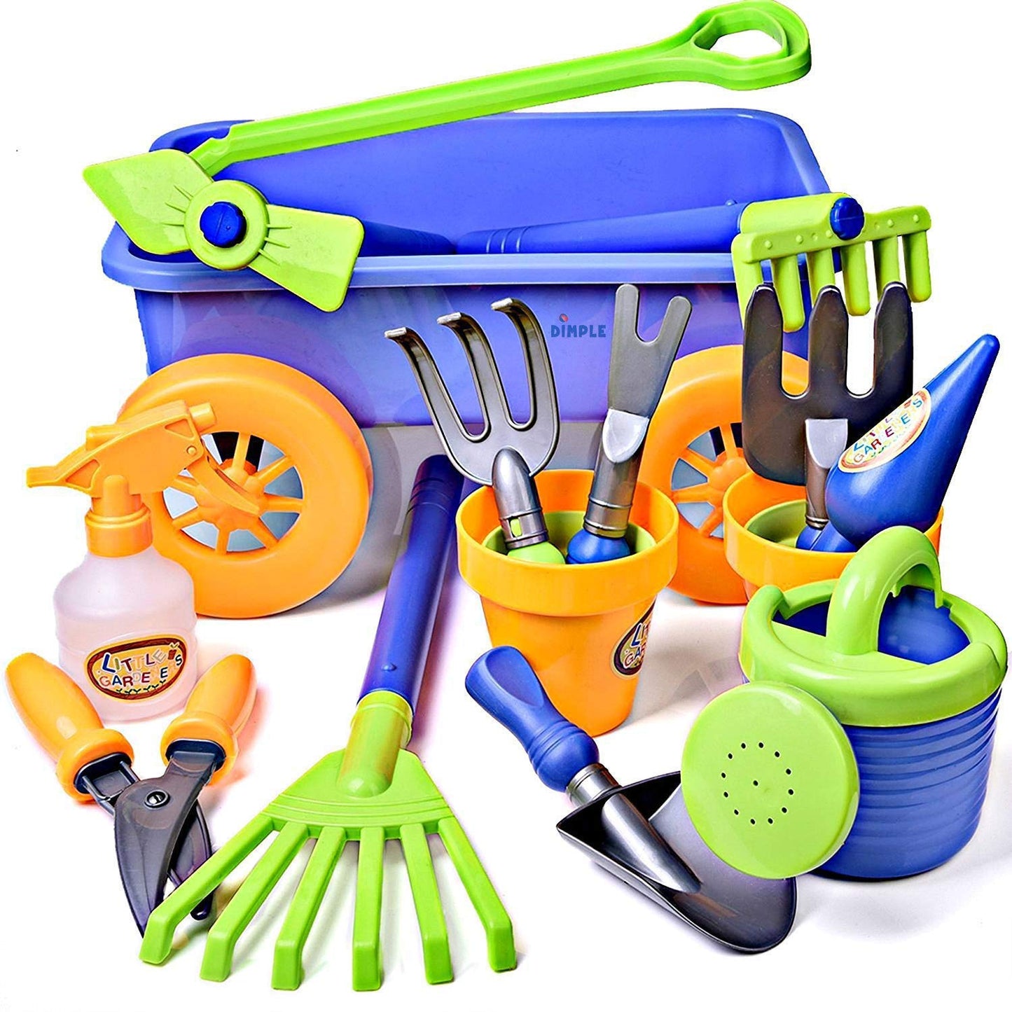 Dimple Kids Gardening Set Tools Wagon Toy - enhanced 15 Piece Gardening Tools & Toddler Wagon Toy Set - Sturdy & Durable - Top Yard  Beach  Sand  Garden Toy - Outside Toys for Toddlers