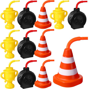 Mifoci 12 Pack Race Car Cups with Straws Plastic Traffic Cone and Tire Cups Kids Yellow Trophy Construction Birthday Party Suppl