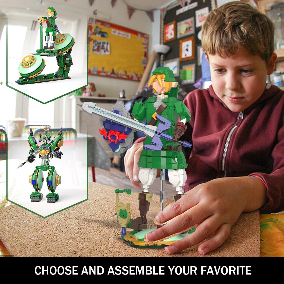 TOY PLAYER 3 in 1 BOTW Building Set - Transforms to Link, Battle Robot, Glider Bike, 850PCS, Small, Plastic