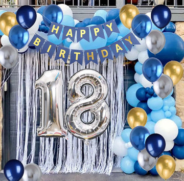 18Th Birthday Party Decoration For Boys, Happy Birthday Banner Blue Number 18 Birthday Balloons Metallic Silver Blue Gold Latex