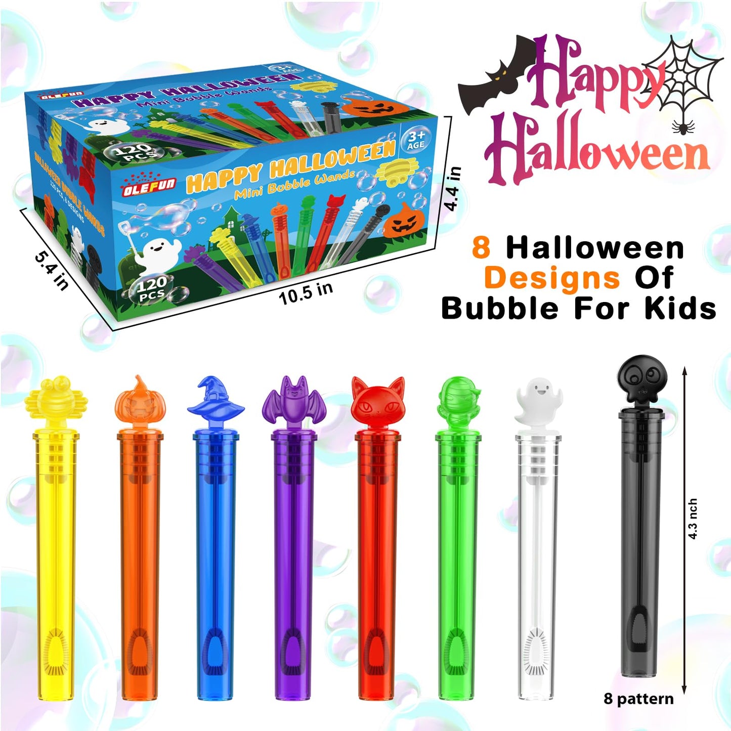 OleFun 120Pcs Halloween Bubble Wands in 8 Designs, Bulk Halloween Party Favors for Kids, Ideal Halloween Goodie Bag Stuffers, Tr