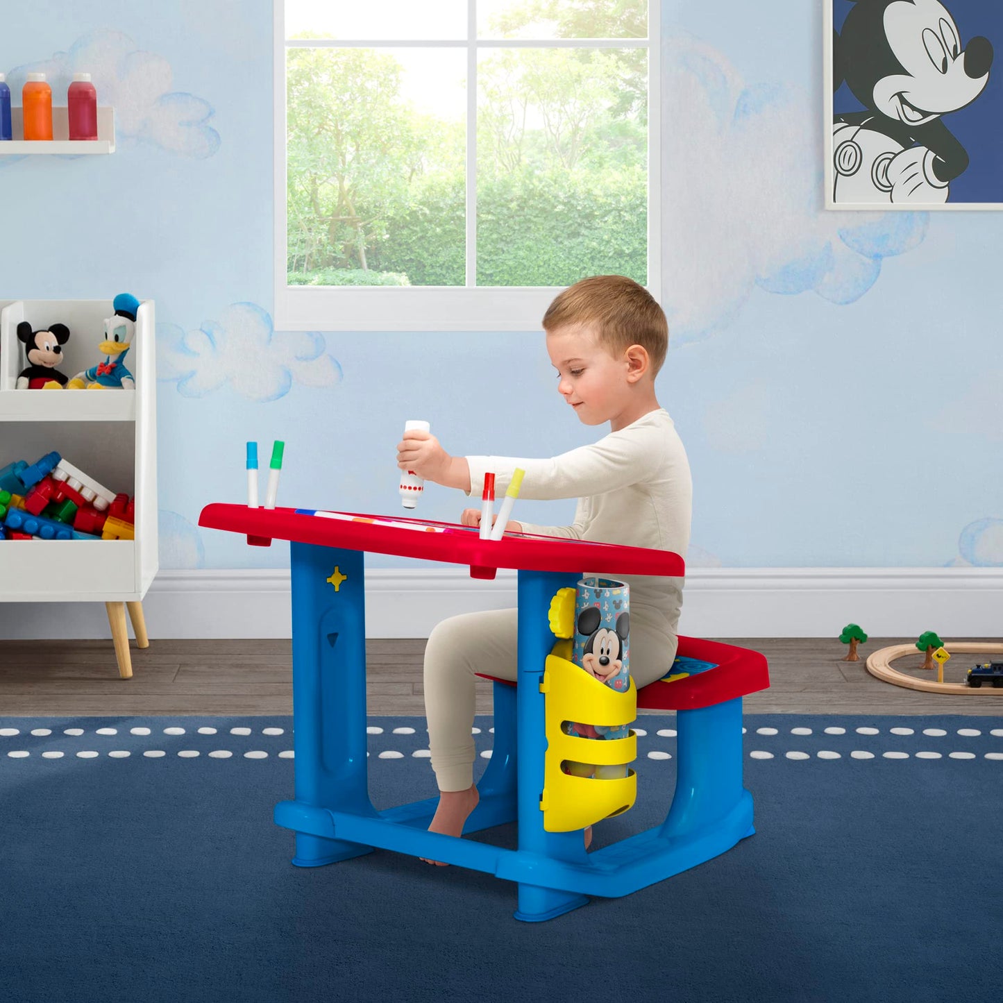 Delta Children Disney Mickey Mouse Draw and Play Desk - Small Blue, Plastic, Includes 10 Markers & Coloring Book, Model TT87461MM-1054