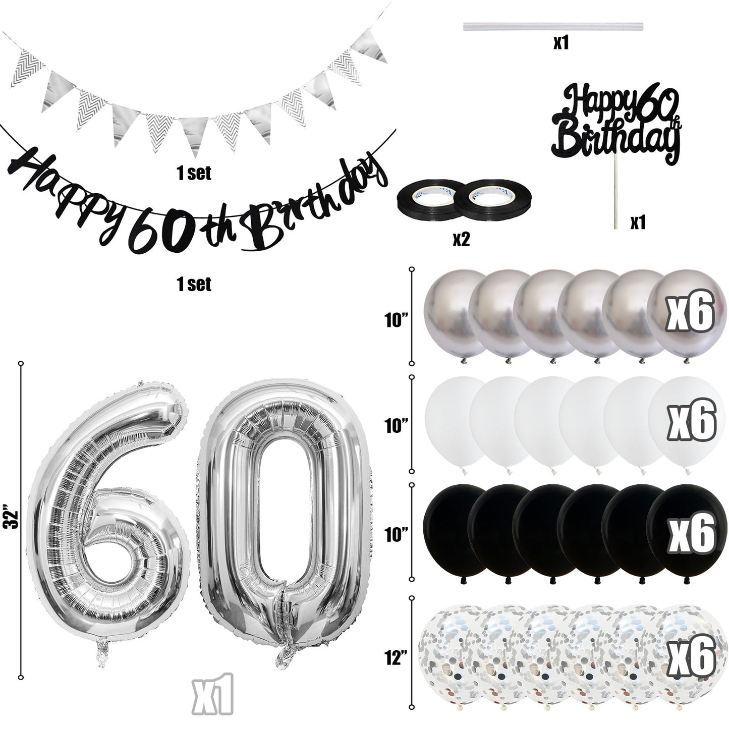 60Th Birthday Decorations For Men Women, Black Silver White Birthday Balloons, Black Happy 60Th Birthday Banner Birthday Cake To
