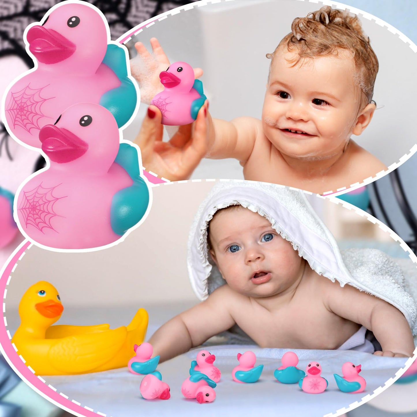 Leyndo 24 Pcs Christmas Spiderweb Birthday Party Decoration Favors Pink Spider Rubber Duck Bulk for Gifts Bathtub Floating Pool Squeaky Pink Blue Duck for Party Supplies