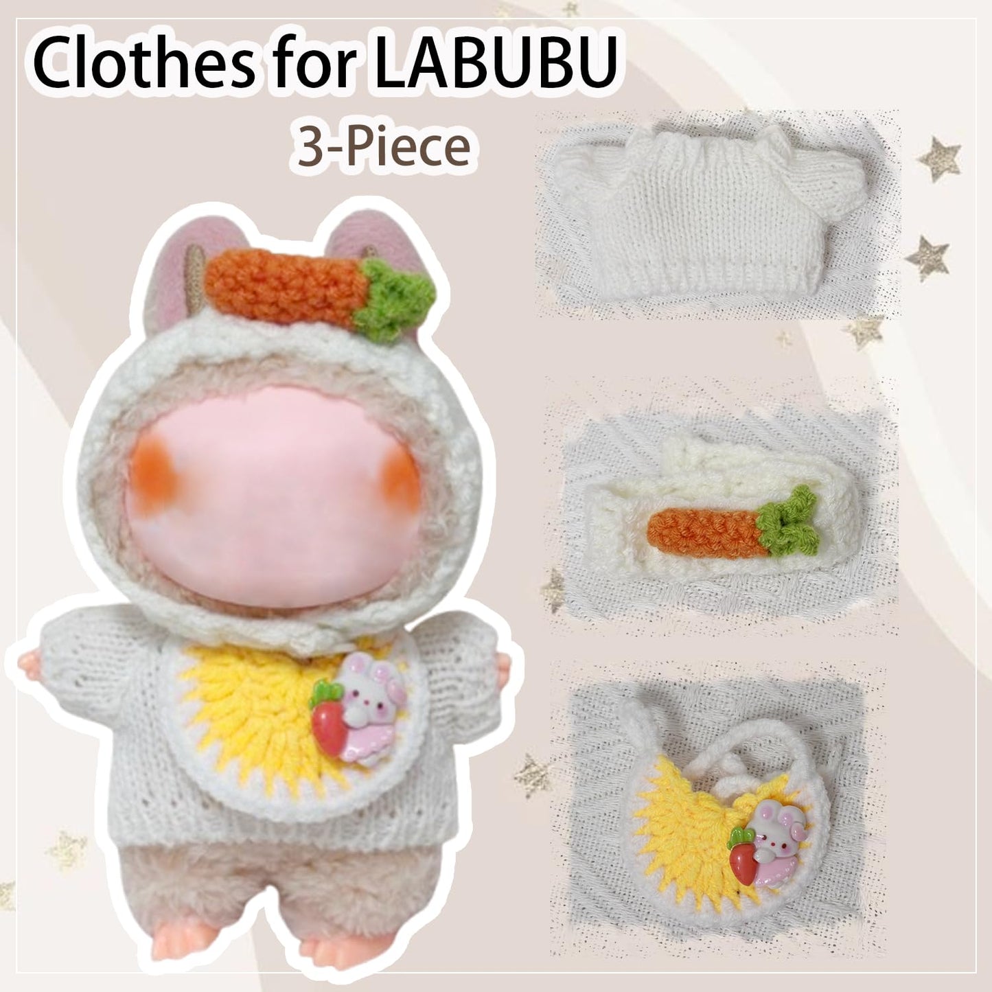 Clothes For Labubu 17Cm Labubu Accessories Crochet 3 Piece Set Outfits For Labubu(Carrot)