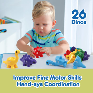 Gkdoms Alphabet Dinosaurs Matching Letters Toy, 26 Pcs Double-Sided Abc Dinosaur With Uppercase Lowercase, Match And Snap Fine Motor Game Preschool Learning Toys Gifts For Ages 18+ Months