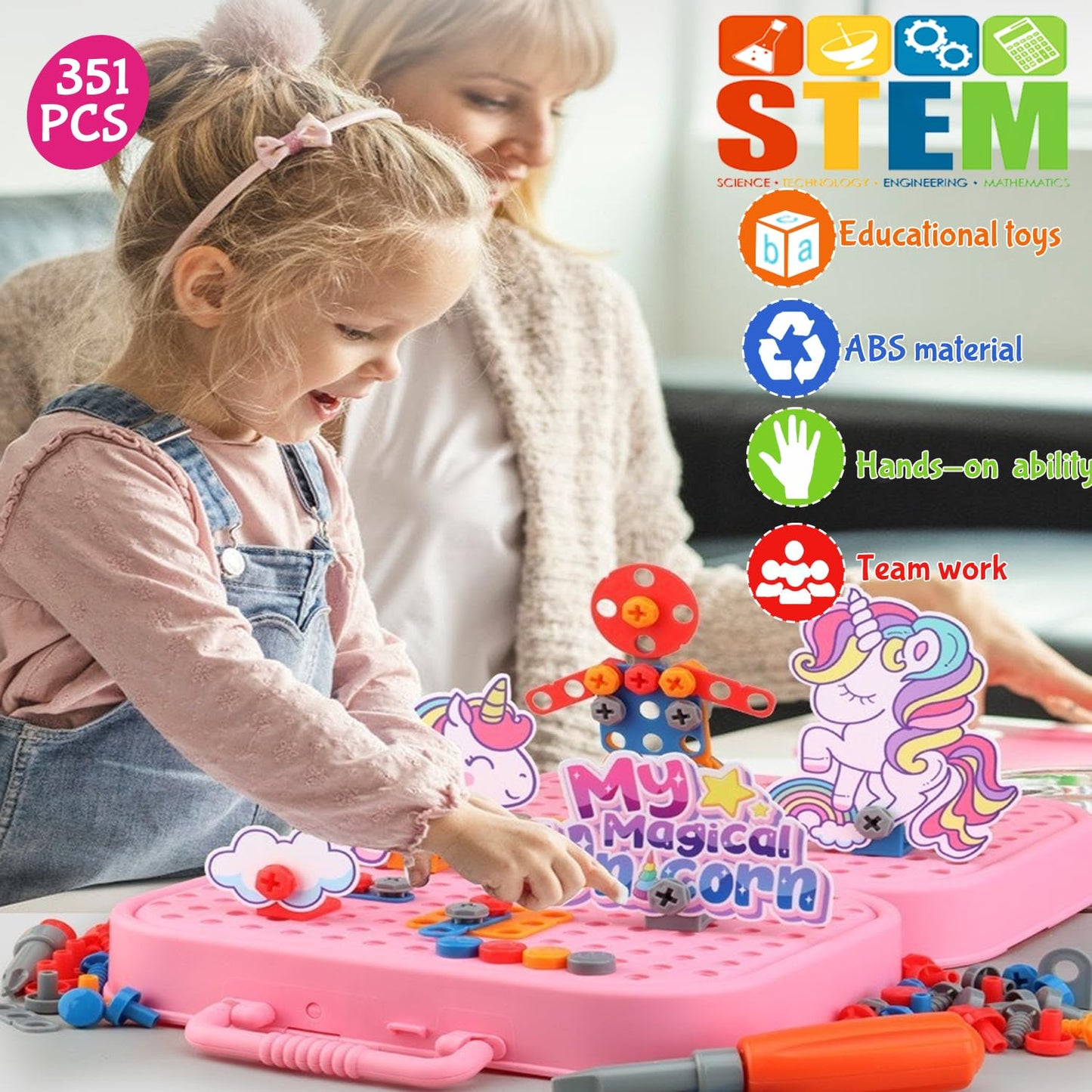 Aquaarcc Girls Unicorn Drill Toys Age 4-8, Girls Stem Toy 351Pc Electric Drill With Toolbox, Grils Tool Set Creative Toys 3D Eng