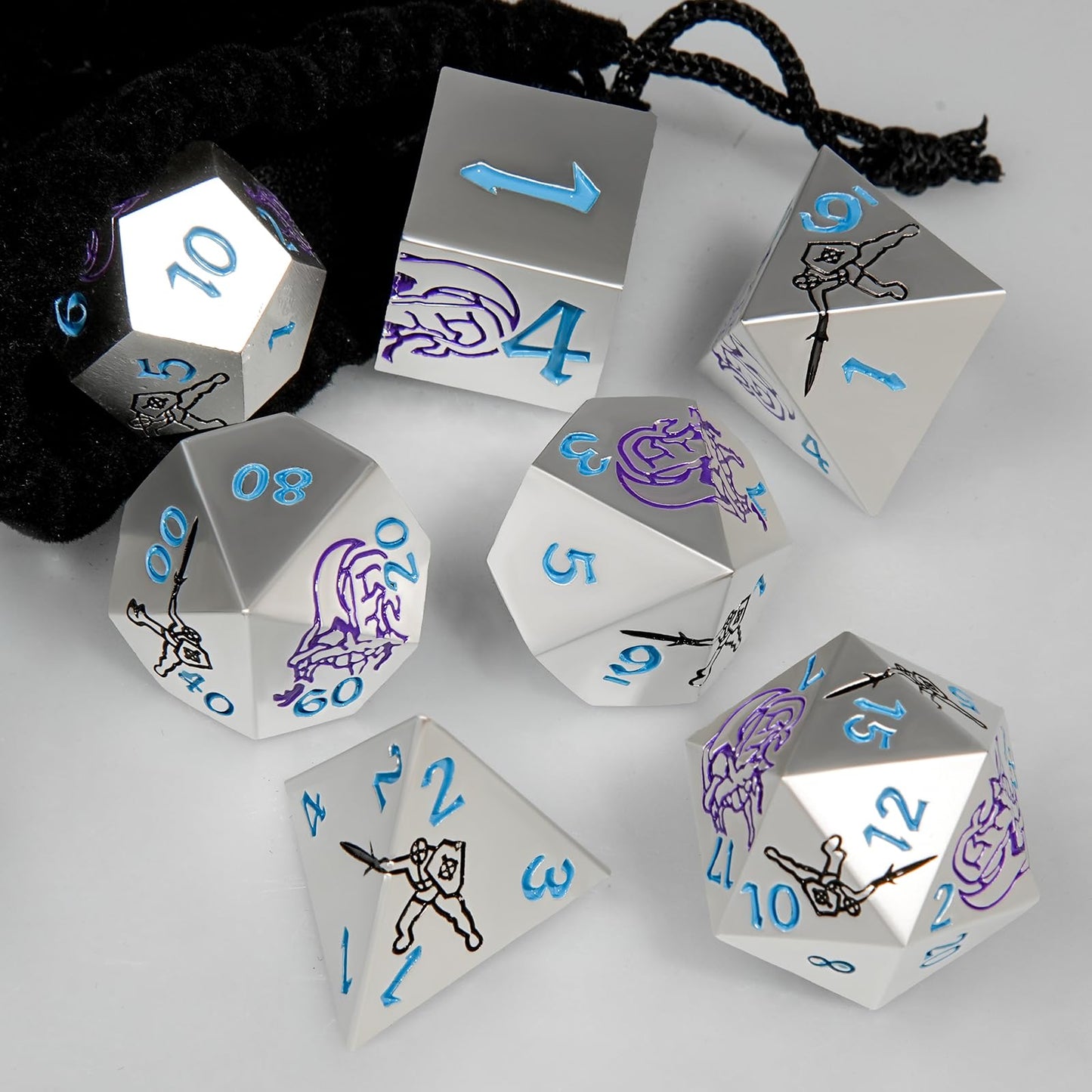 GU BEI TE Metal DND Dice Set,Dragons and Warriors DND Dice 7-Pcs Metal Polyhedral Dice Set for Dungeons and Dragons RPG MTG Tabl