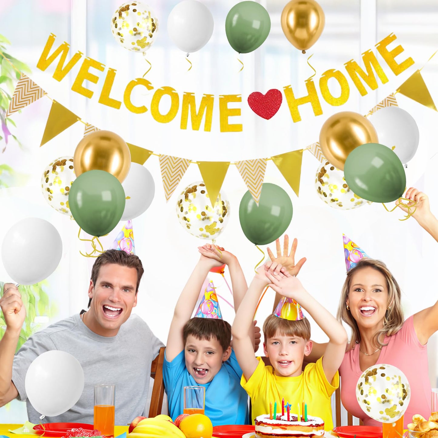 Welcome Home Decorations,Green Gold Welcome Home Balloons Banners Set,Welcome Home Glitter Banner With Confetti Balloons,Pennant