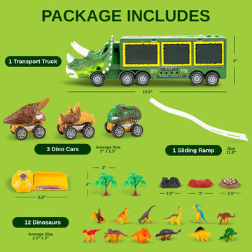 Toyvelt Dinosaur Toys For Kids 3-5 Dinosaur Truck Carrier Comes With 3 Dino Cars 12 Dinosaurs - Perfect Toy Gift For 3 4 5 6 7 Y